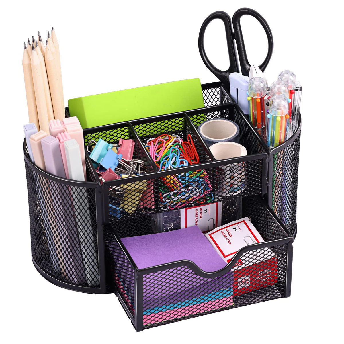 Eoout Desk Organizer, Pencil Holder For Desk, Mesh Office Desk Accessories With 8 Compartments And 1 Drawer Stationery Holder Sc