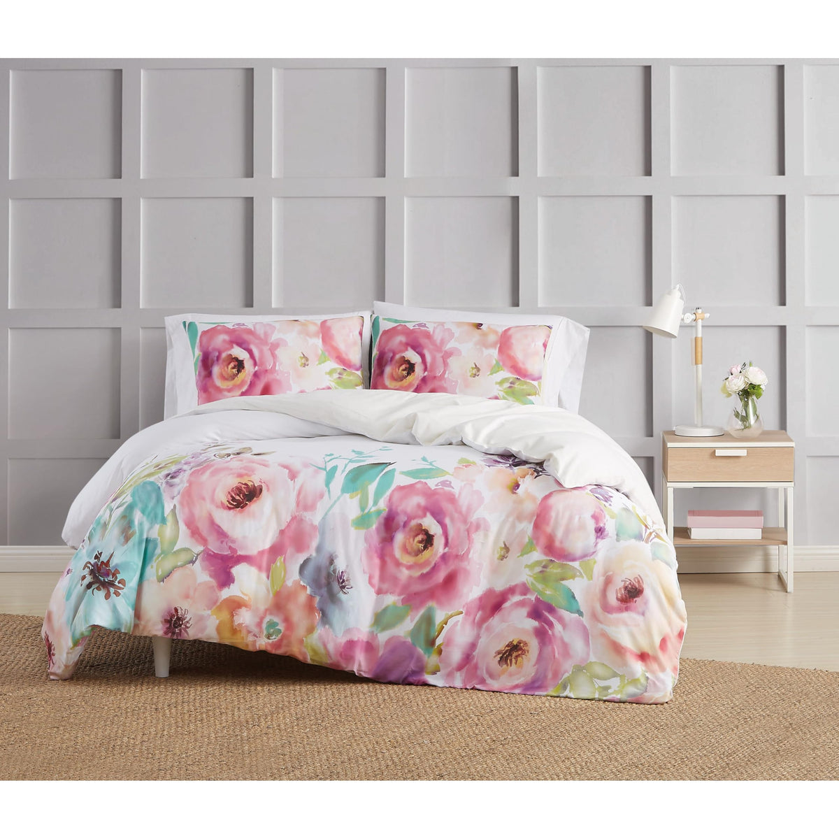 Christian Siriano Ny Dcs3431Kg-1800 Spring Flowers Duvet Set, King, White And Pink, 3-Piece