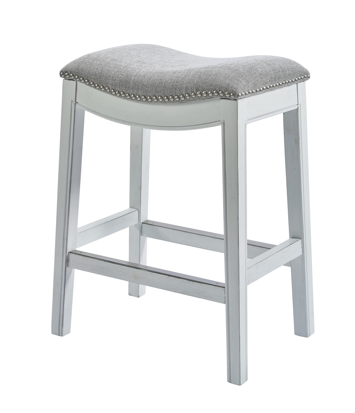 HomeRoots White Hardwood, Linen Upholstery, Foam, Batting Counter Height Saddle Style Counter Stool with Grey Fabric and Nail Head Trim