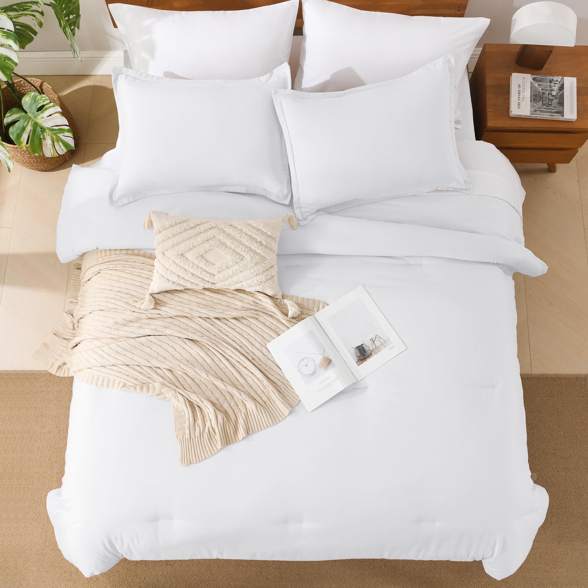 Andency White California King Comforter Set - 7 Pieces Bed In A Bag Cal King Bedding Comforter Sets, Summer Solid Soft Lightweight Comforter With Fitted Sheets, Flat Sheets, Pillowcases & Shams