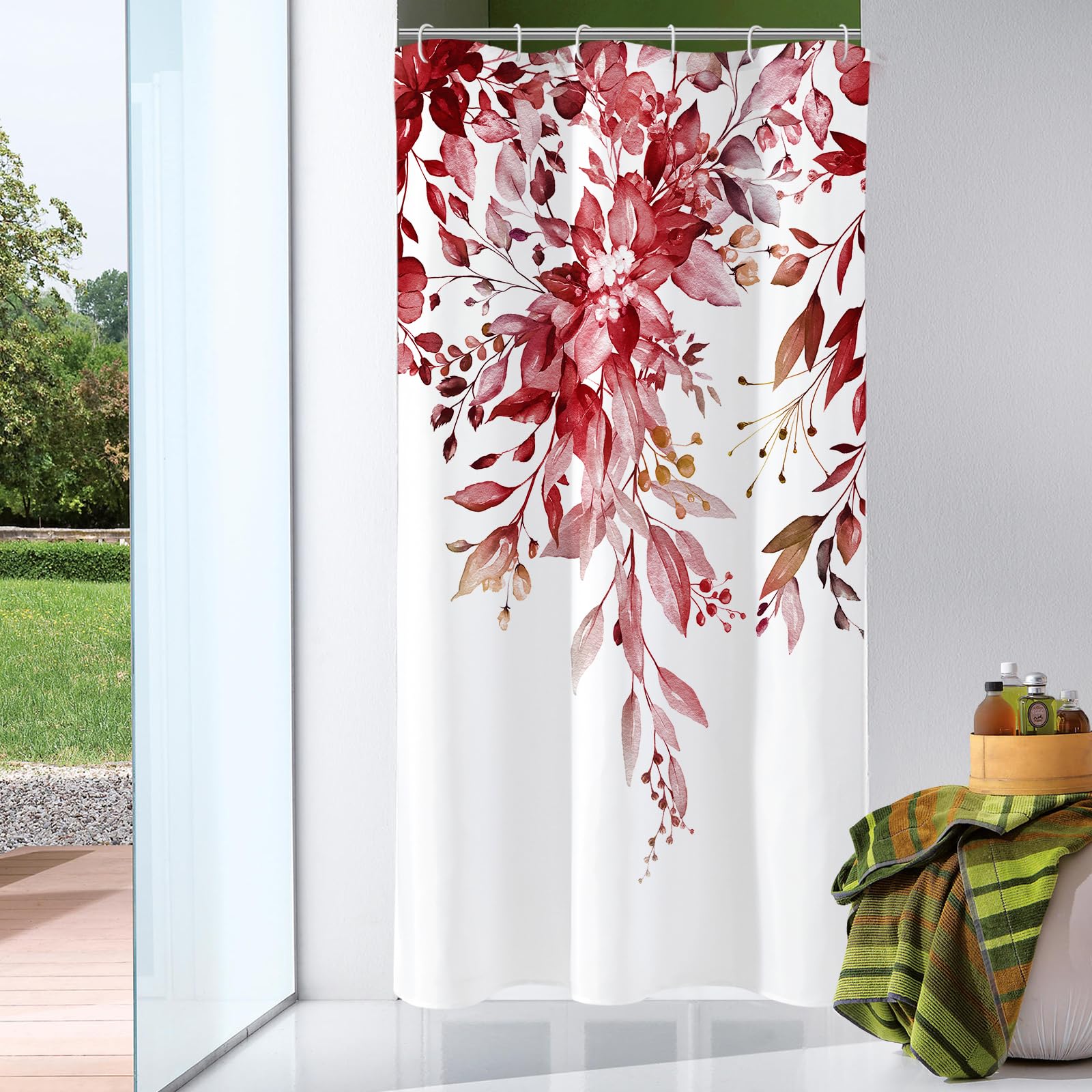 Gibelle Small Stall Shower Curtain 36 x 72, Narrow Half Burgundy Red Floral Shower Curtain for Bathroom, Watercolor Plant Eucaly