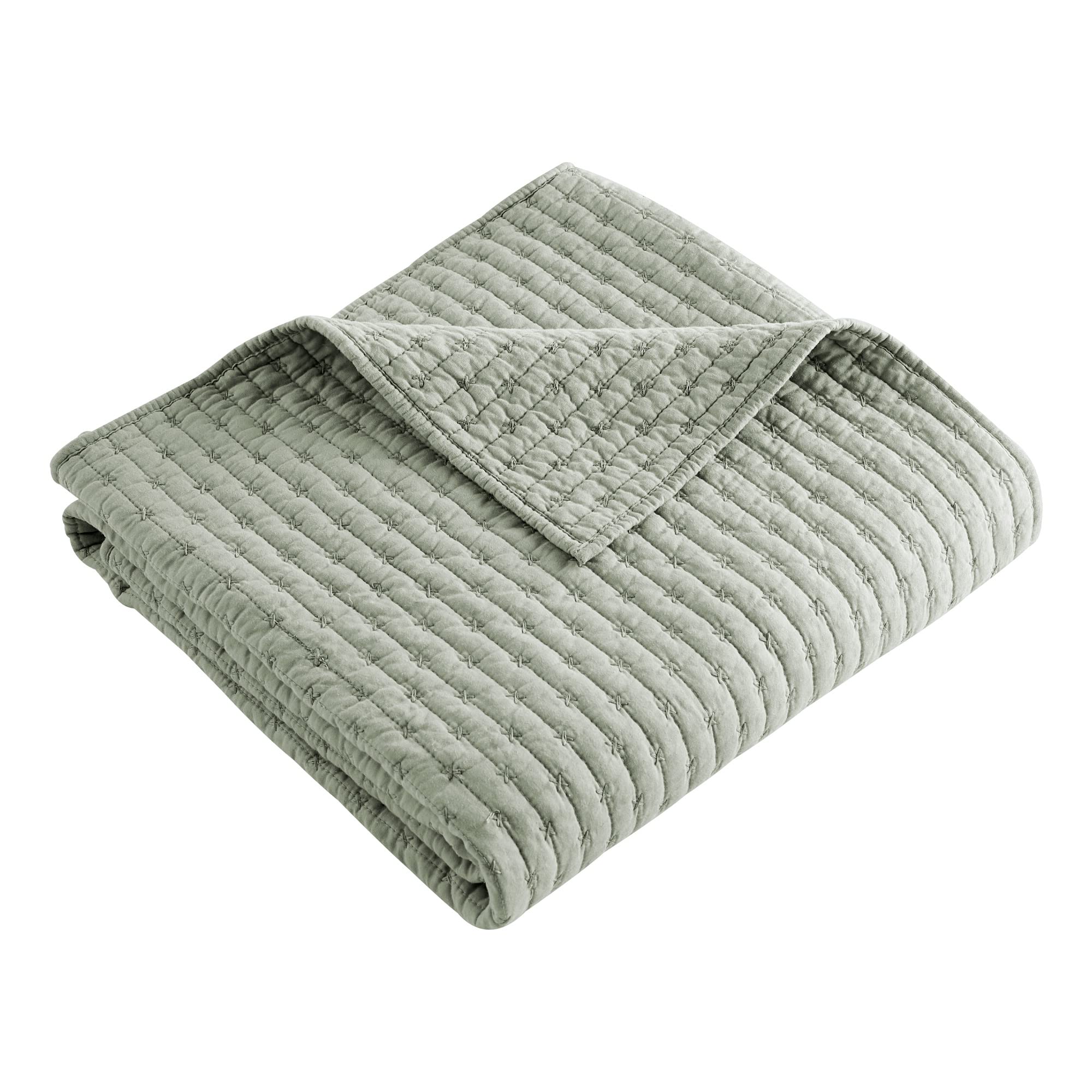Levtex Home - Cross Stitch - Quilted Throw - 50X60In. - 100% Cotton - Reversible Pattern - Desert Sage With Matching Stitching