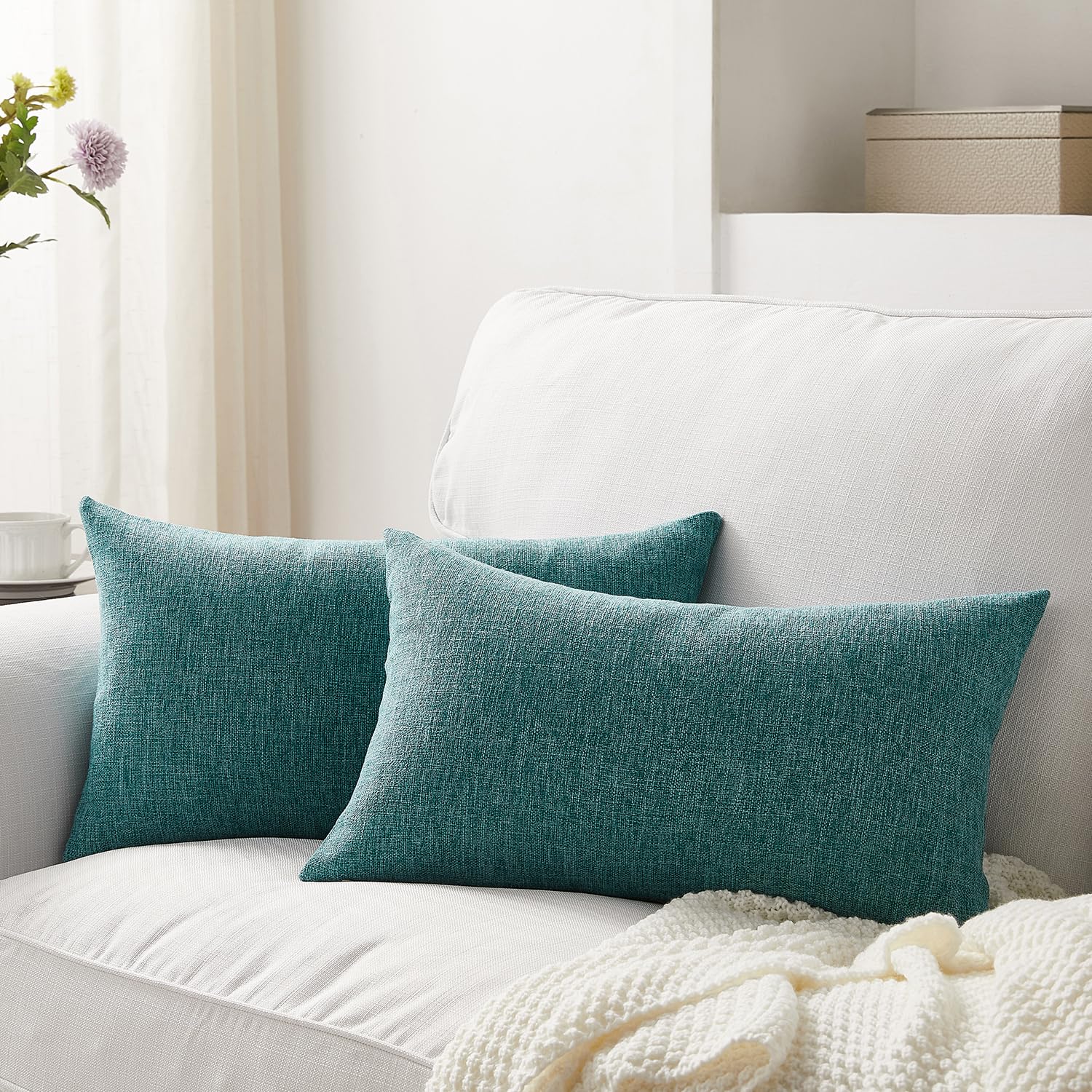 Meekio Set Of 2 Teal Green Pillow Covers 12 X 20 Inch Farmhouse Boho Decorative Throw Pillow Covers Linen Cushion Covers For Sof