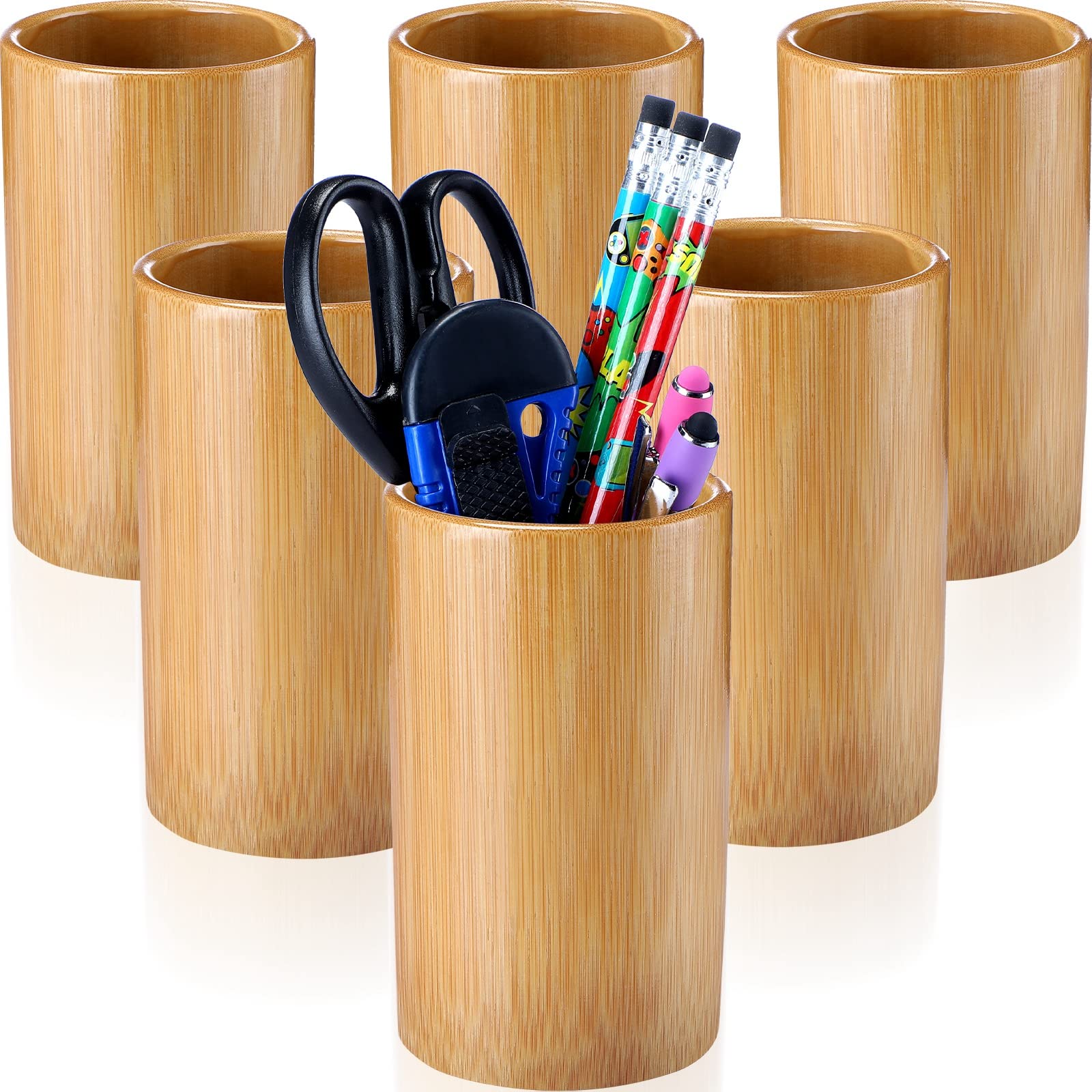 Zhehao 6 Pcs Bamboo Pen Holder Solid Wood Desk Pen Pencil Holder Stand Wooden Pencil Holder For Desk Multi Purpose Use Pencil Cu