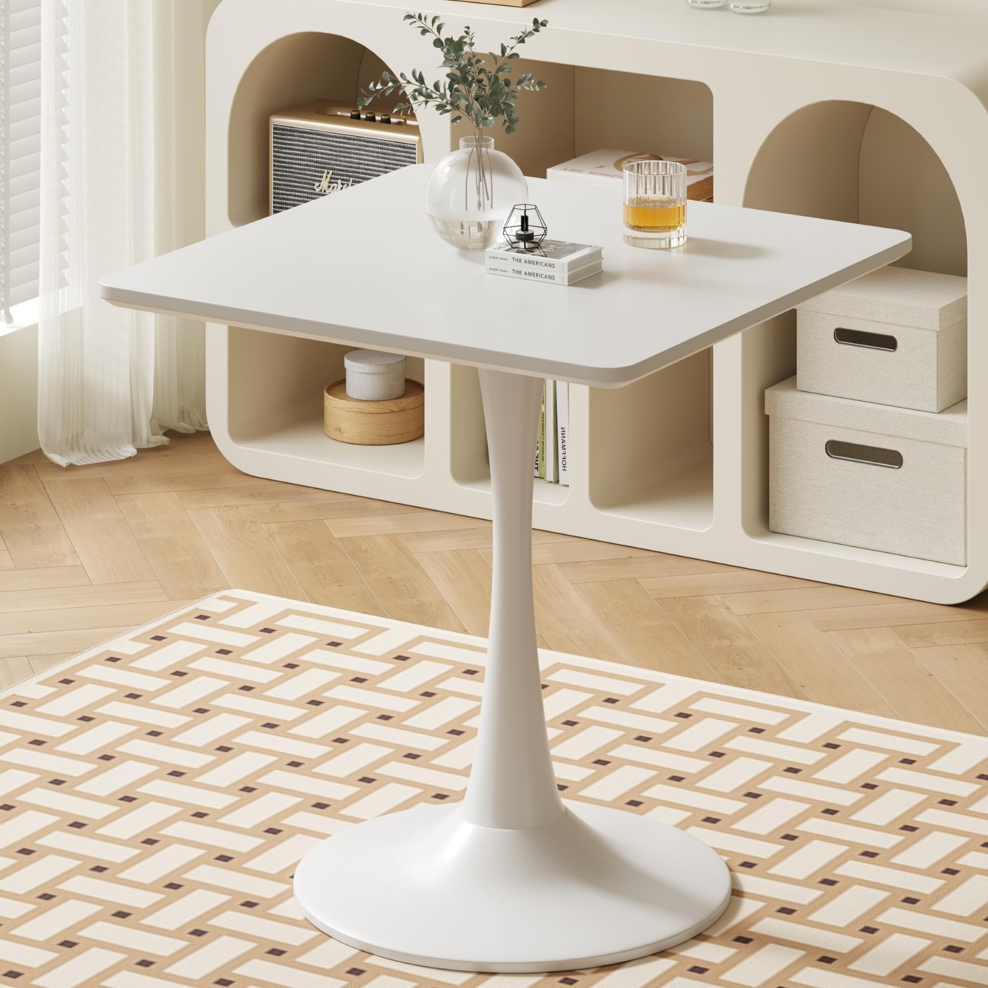 White Square Tulip Table For 2 Person, 24 Inch Small Dining Table With Metal Pedestal Base For Kitchen, Mid-Century Modern Tulip