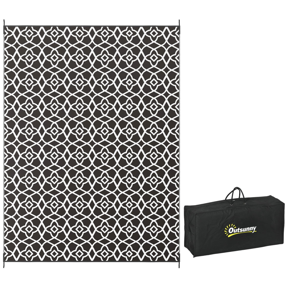 Outsunny Reversible Outdoor Rug, 9' X 12' Waterproof Plastic Straw Floor Mat, Portable Rv Camping Carpet, Large Floor Mat For Backyard, Deck, Picnic, Beach, Black & White Clover
