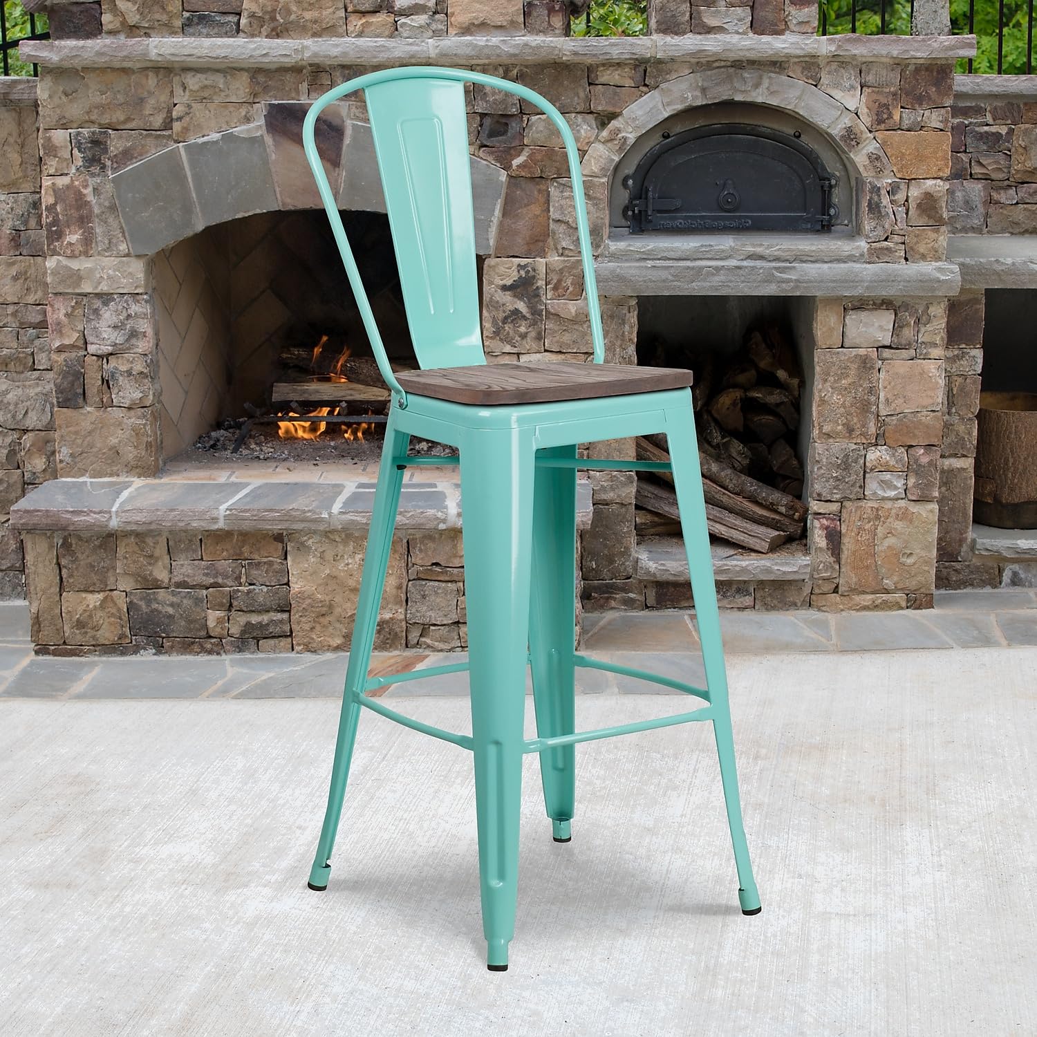 Flash Furniture 30' High Mint Green Metal Barstool With Back And Wood Seat
