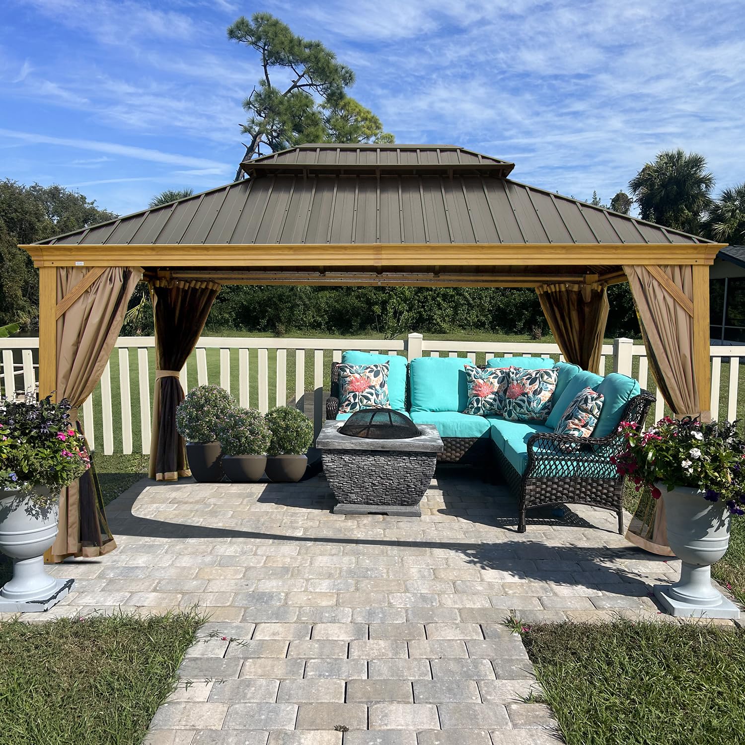 Domi Outdoor Living 12X16 Hardtop Gazebo, Wooden Coated Aluminum Frame Canopy With Galvanized Steel Double Roof, Outdoor Permane