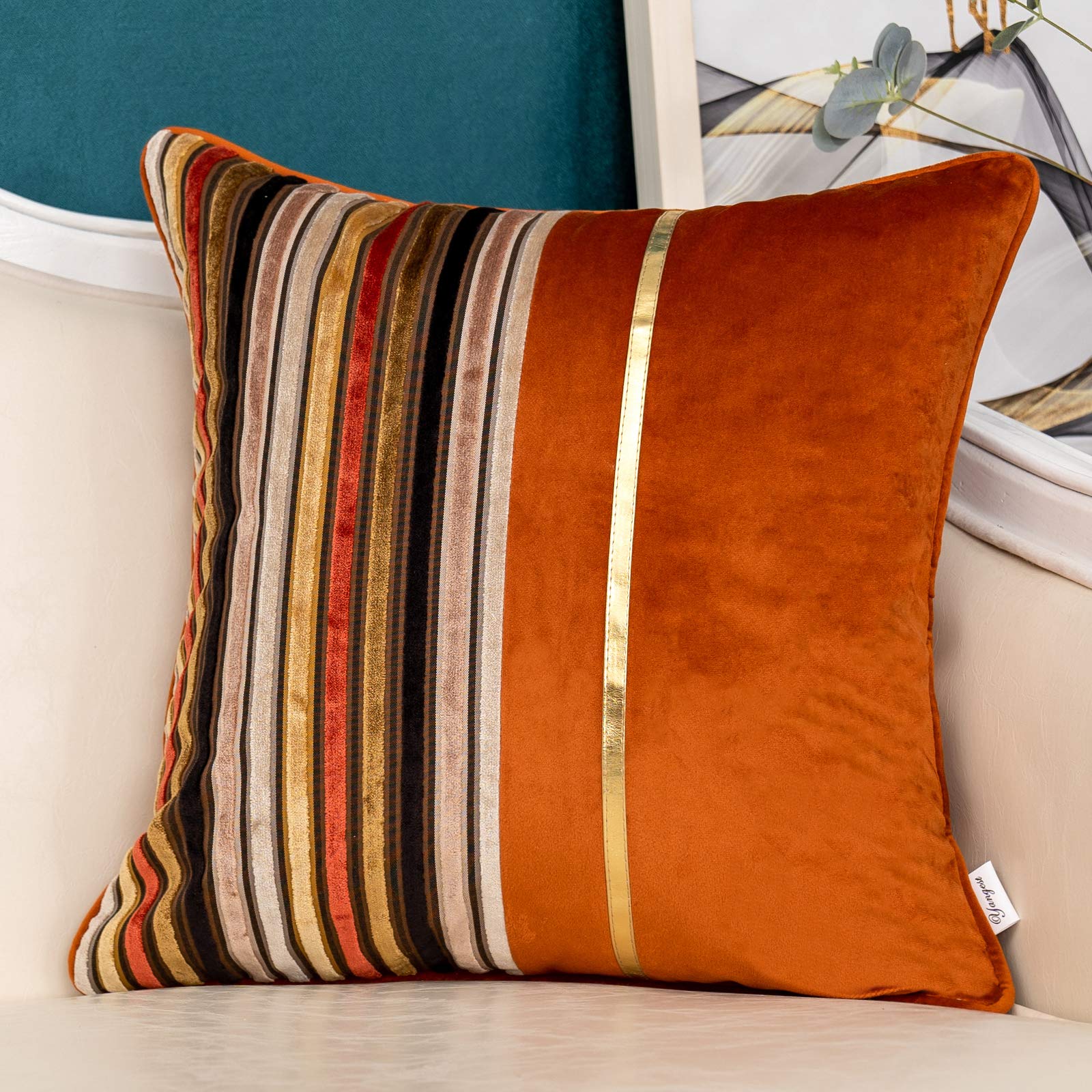 Yangest Orange Striped Patchwork Throw Pillow Cover Gold Leather Cushion Cover Zippered Pillowcase For Sofa Couch Bedroom Living