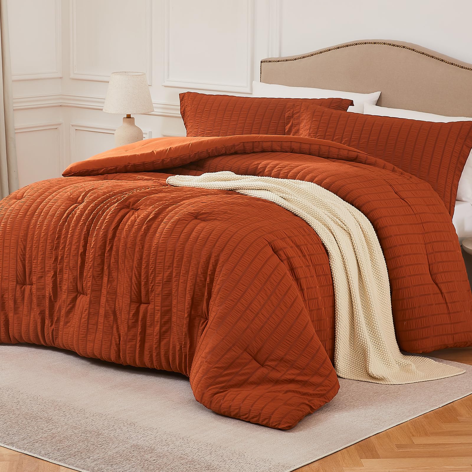 Quataly Terracotta Oversized Queen Comforter Set - 3 Pieces Seersucker Lightweight Bedding Comforter Sets (1 Soft Fluffy Comfort