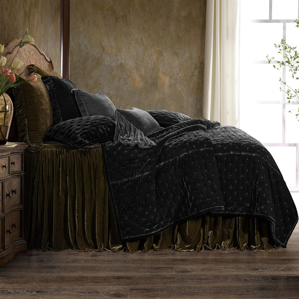 Hiend Accents Stella Faux Silk Velvet Bed Skirt, Green Ochre, Super Queen Size, Romantic Modern Western Traditional Style Beddin