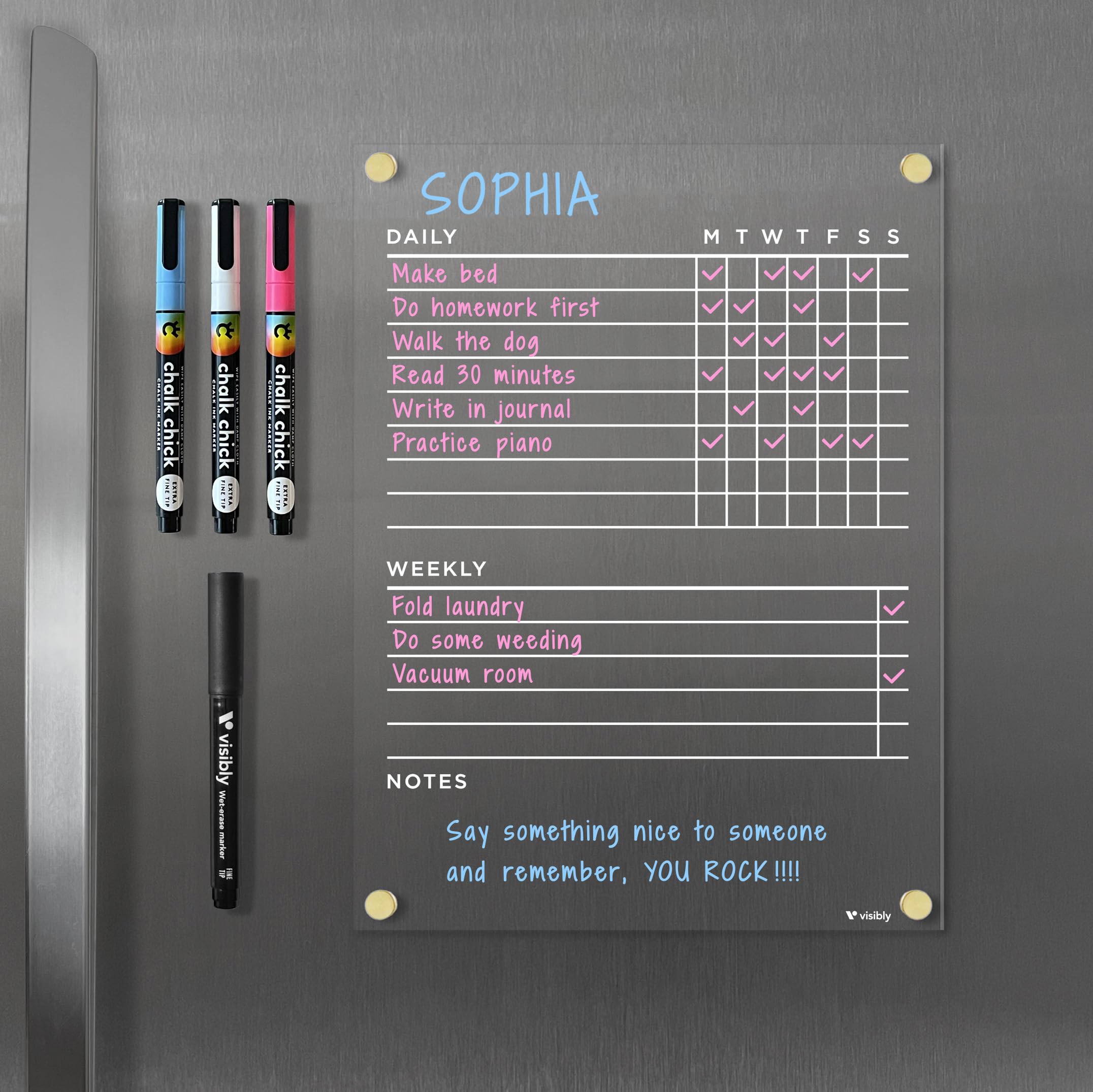 Visibly Magnetic Acrylic Chore Chart For Fridge, Includes 4 Magnetic Wet-Erase Markers For Refrigerator, 9' X 12'. Put Those K
