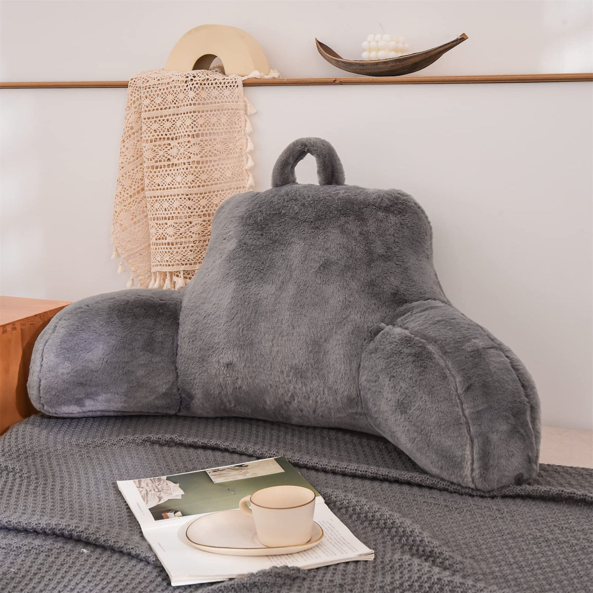 A Nice Night Faux Fur Reading Pillow Bed Wedge Large Adult Children Backrest With Arms Back Support For Sitting Up In Bed / Couc