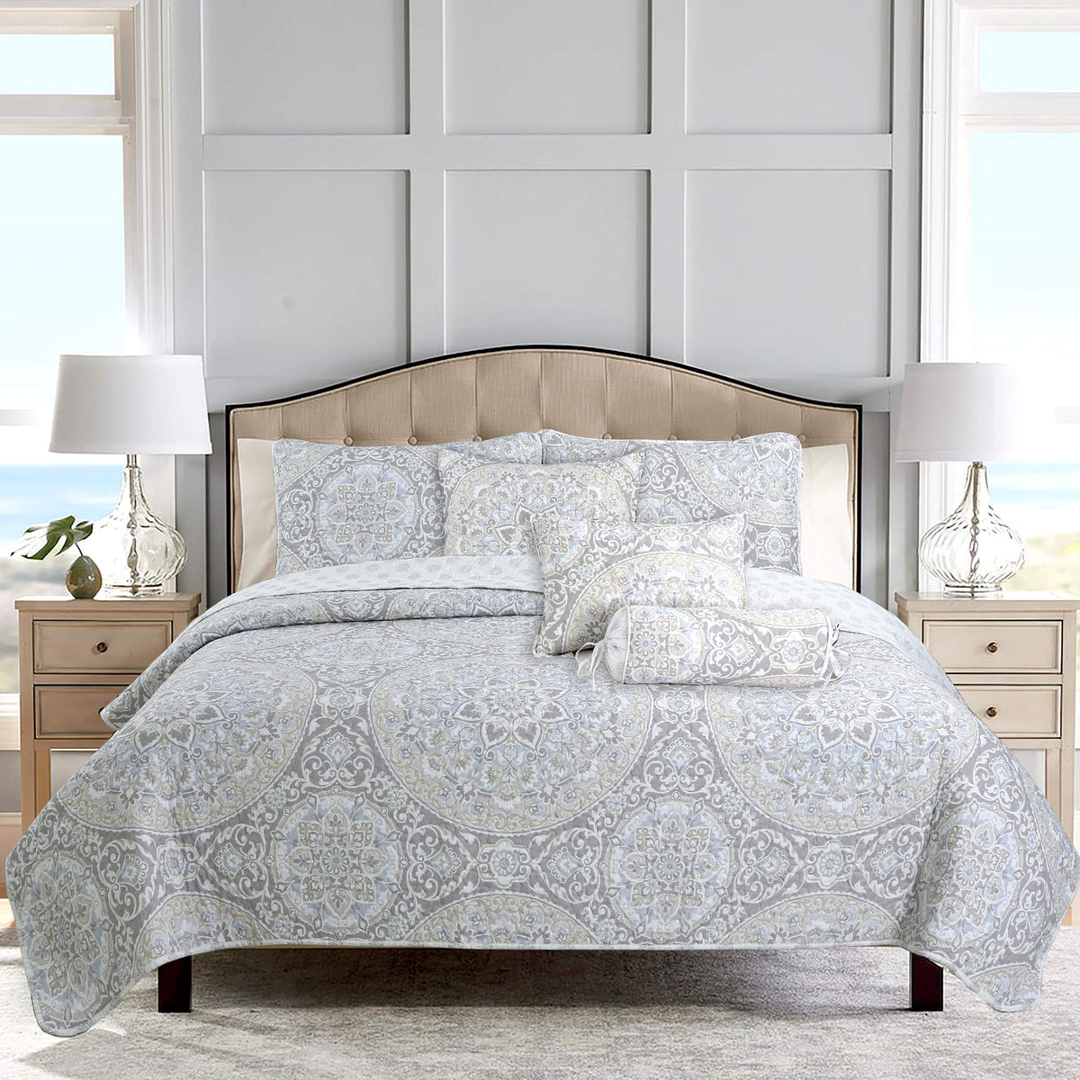 Cozy Line Home Fashions Medallion Floral Reversible Bedding Quilt Set, Lightweight Bedspread Coverlet For All Seasons (Grey Vene