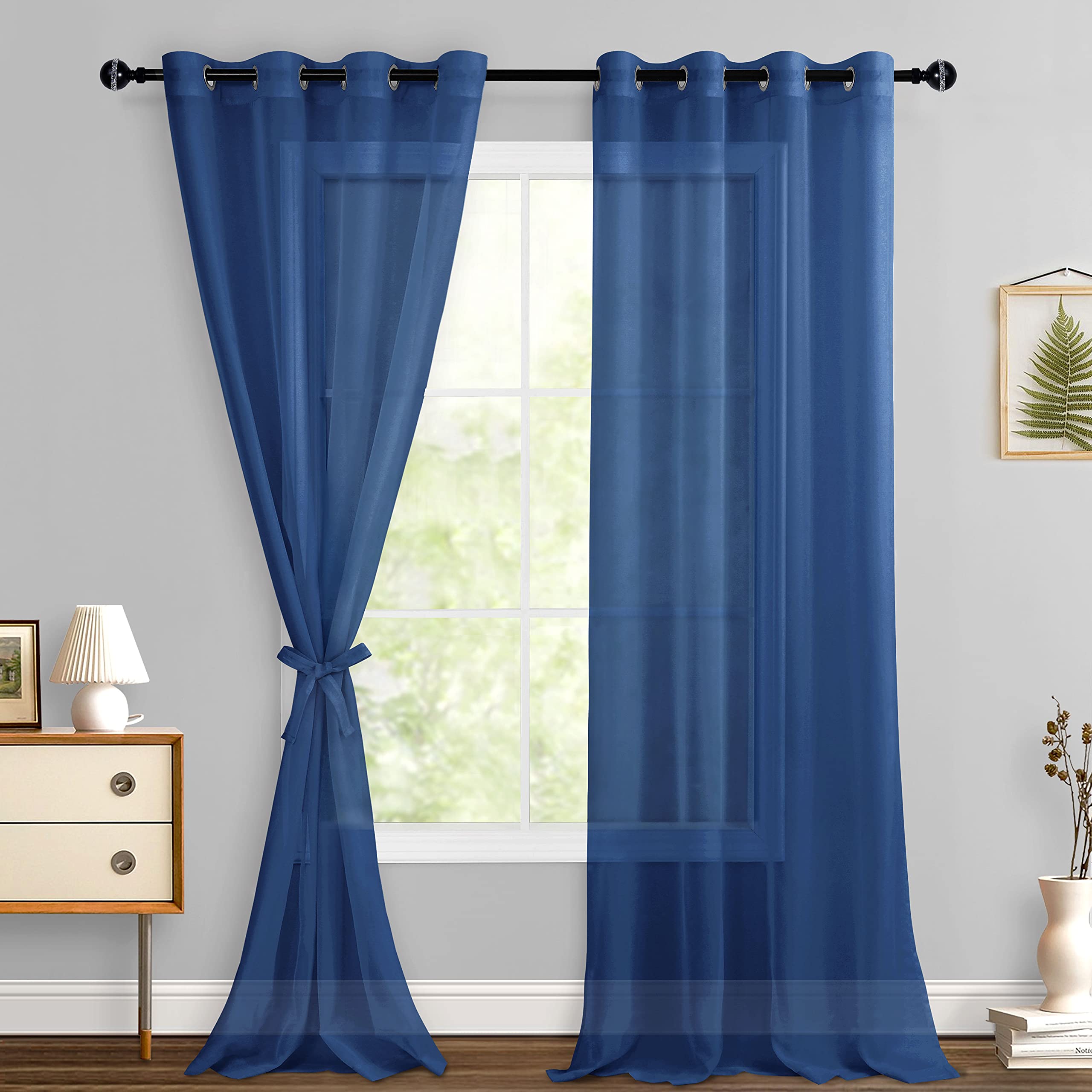 Hiasan Sheer Curtains For Bedroom With Tiebacks, Light Filtering Breathable Voile Drape Lightweight Grommet Window Curtains For Living Room, Kids' Room, Navy Blue, W52 X L90, Set Of 2 Panels