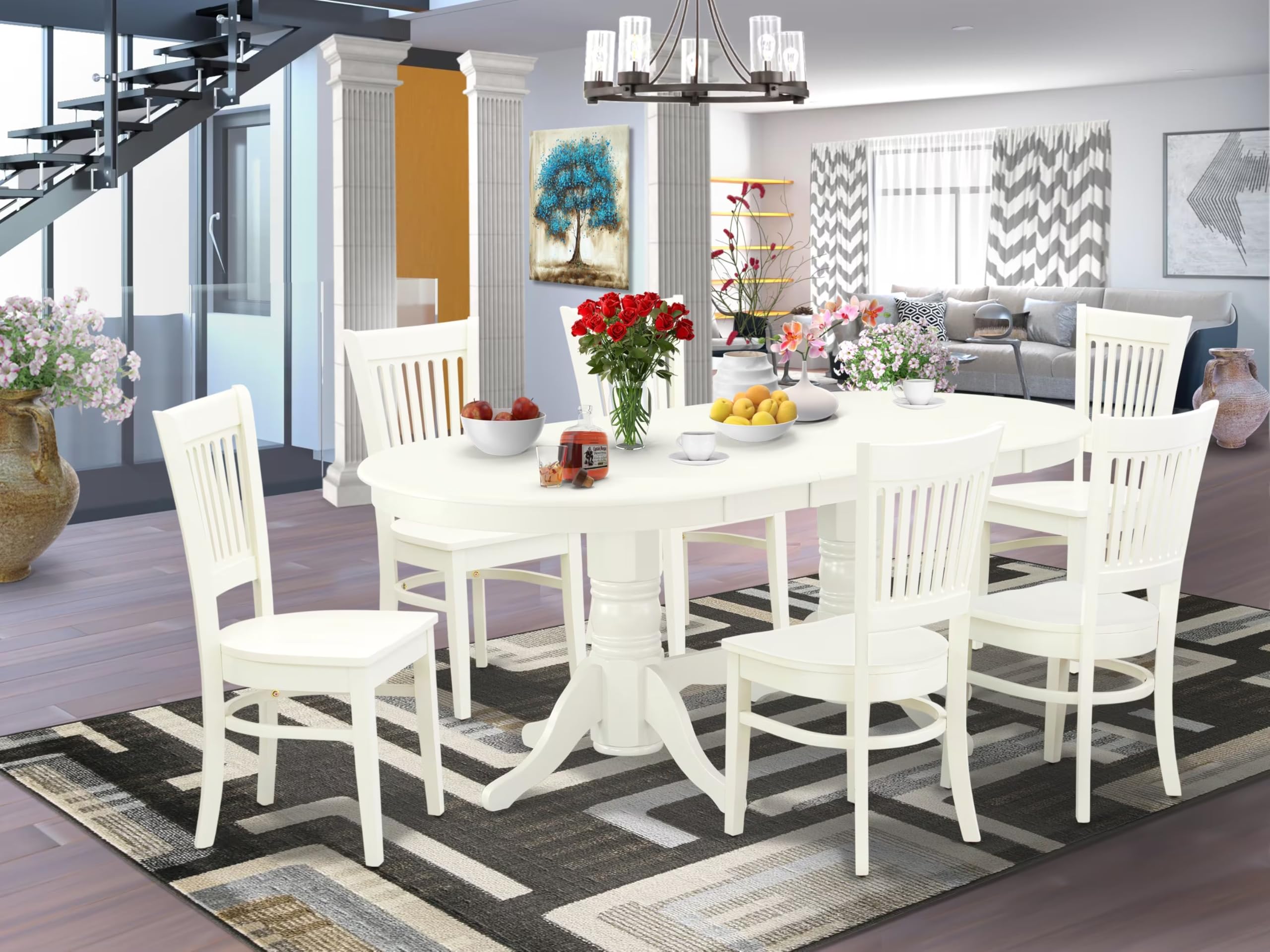 East West Furniture Vava7-Lwh-W 7 Piece Dining Room Table Set Consist Of An Oval Kitchen Table With Butterfly Leaf And 6 Dining Chairs, 40X76 Inch, Linen White