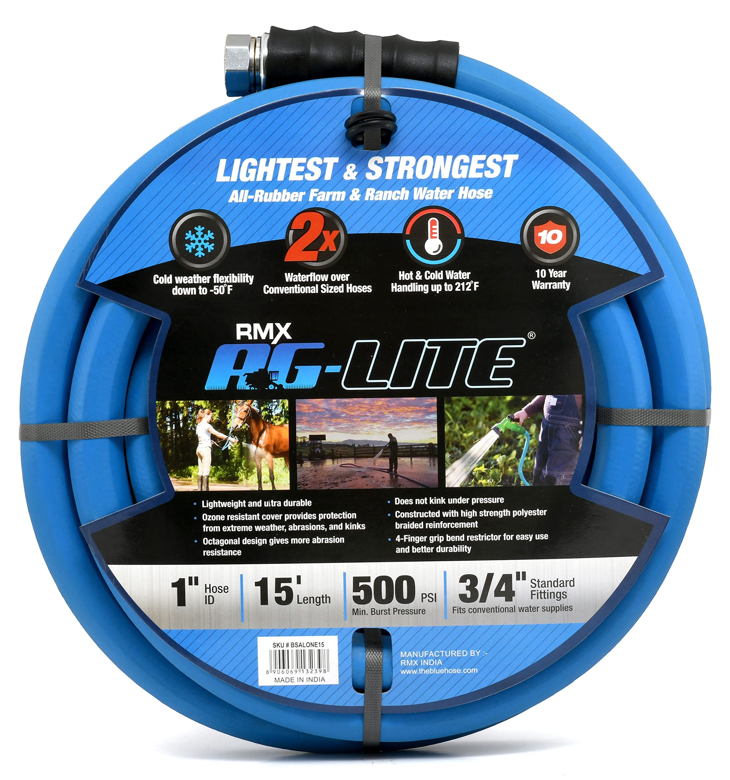 Ag-Lite Bsalone15 1' X 15' Hot/Cold Water Rubber Garden Hose, 100% Rubber, Ultra-Light, Super Strong, 500 Psi, 50F To 190F Degr