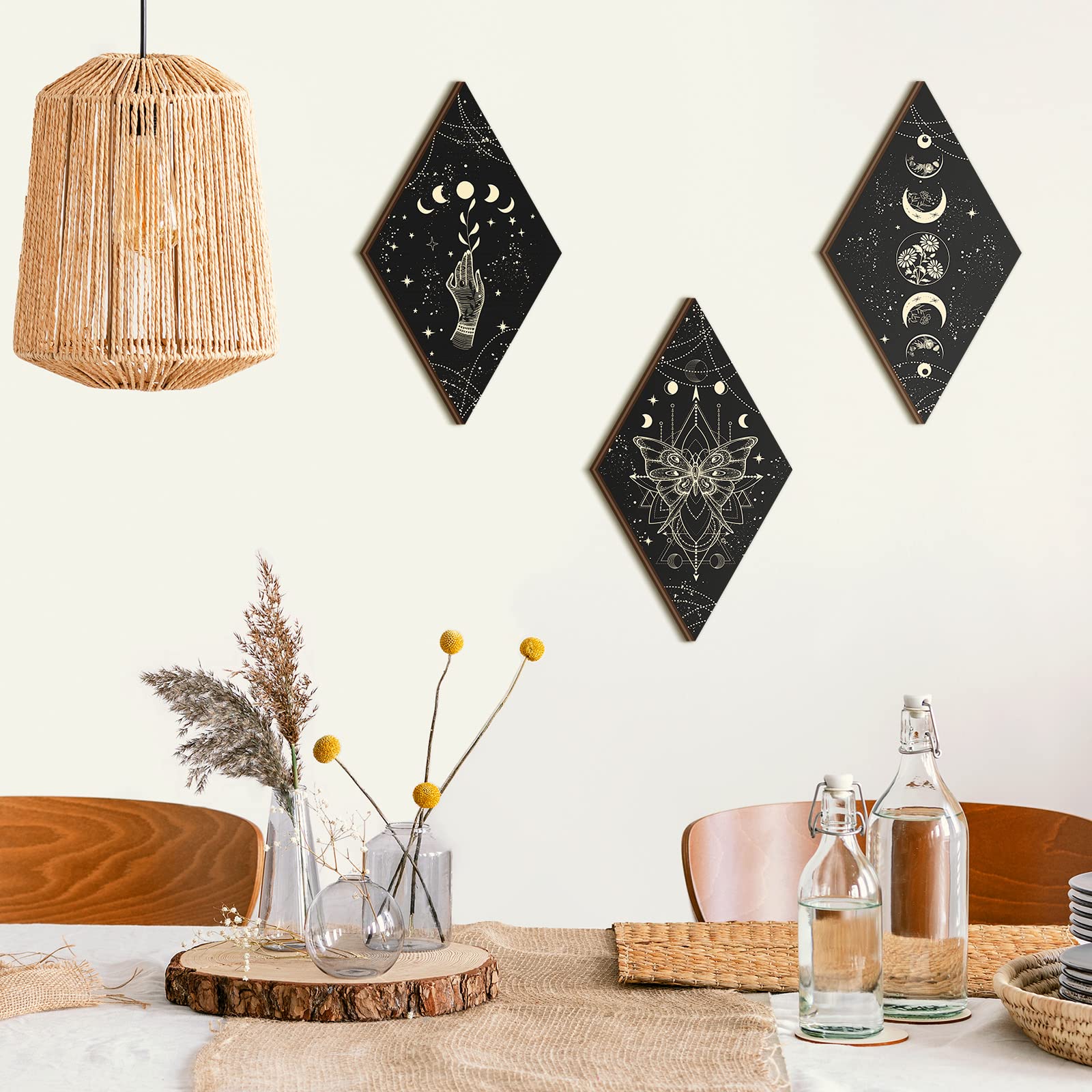 Ferraycle 3 Pcs Rustic Boho Wall Decor Moon Phases Butterfly Wall Art Stars Moon Decor Minimalist Room Decor Wooden Gothic Witch