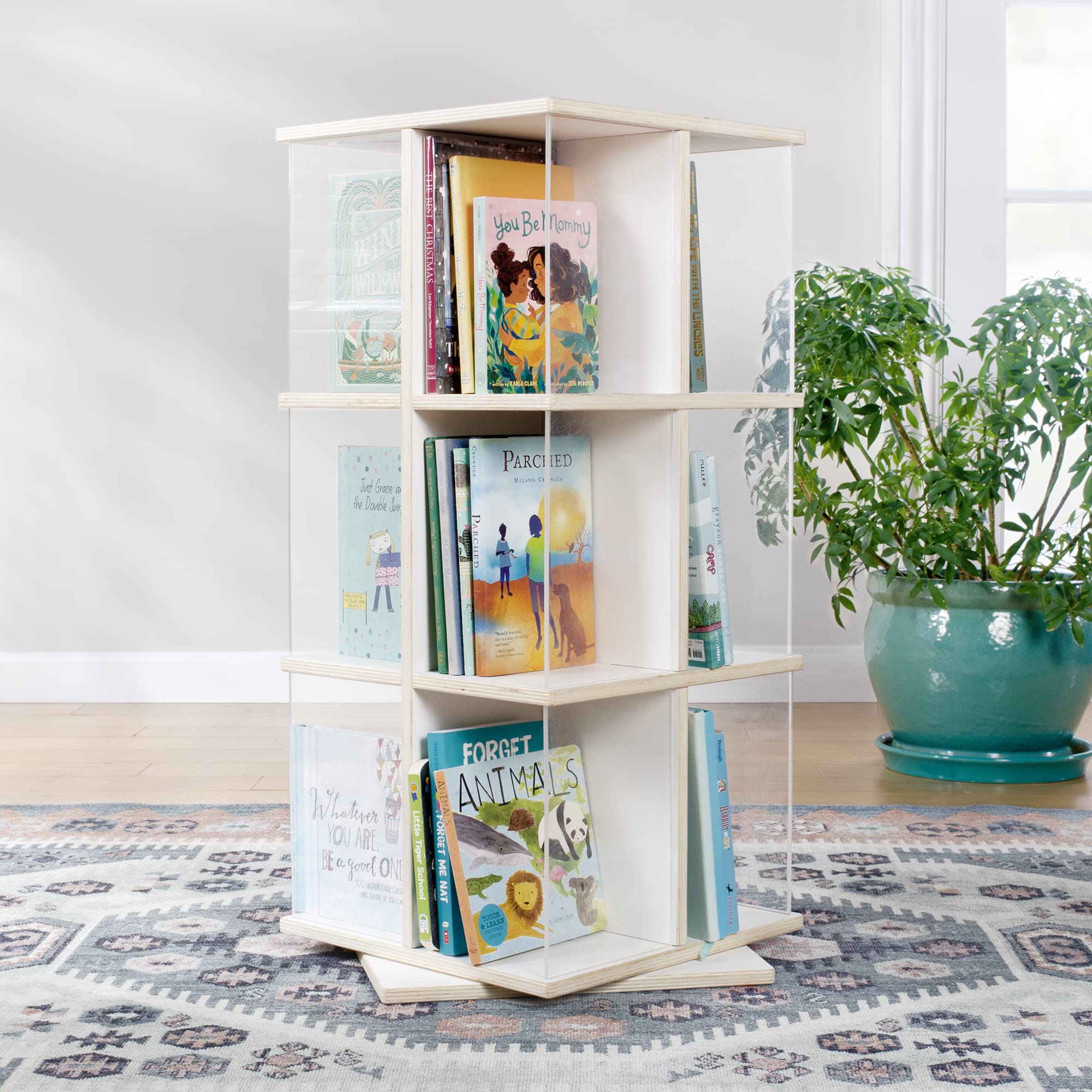 Guidecraft EdQ Rotating Book Display - White: Spinning Plywood Storage Bookshelf with Acrylic Windows for Kids Classroom, Playro