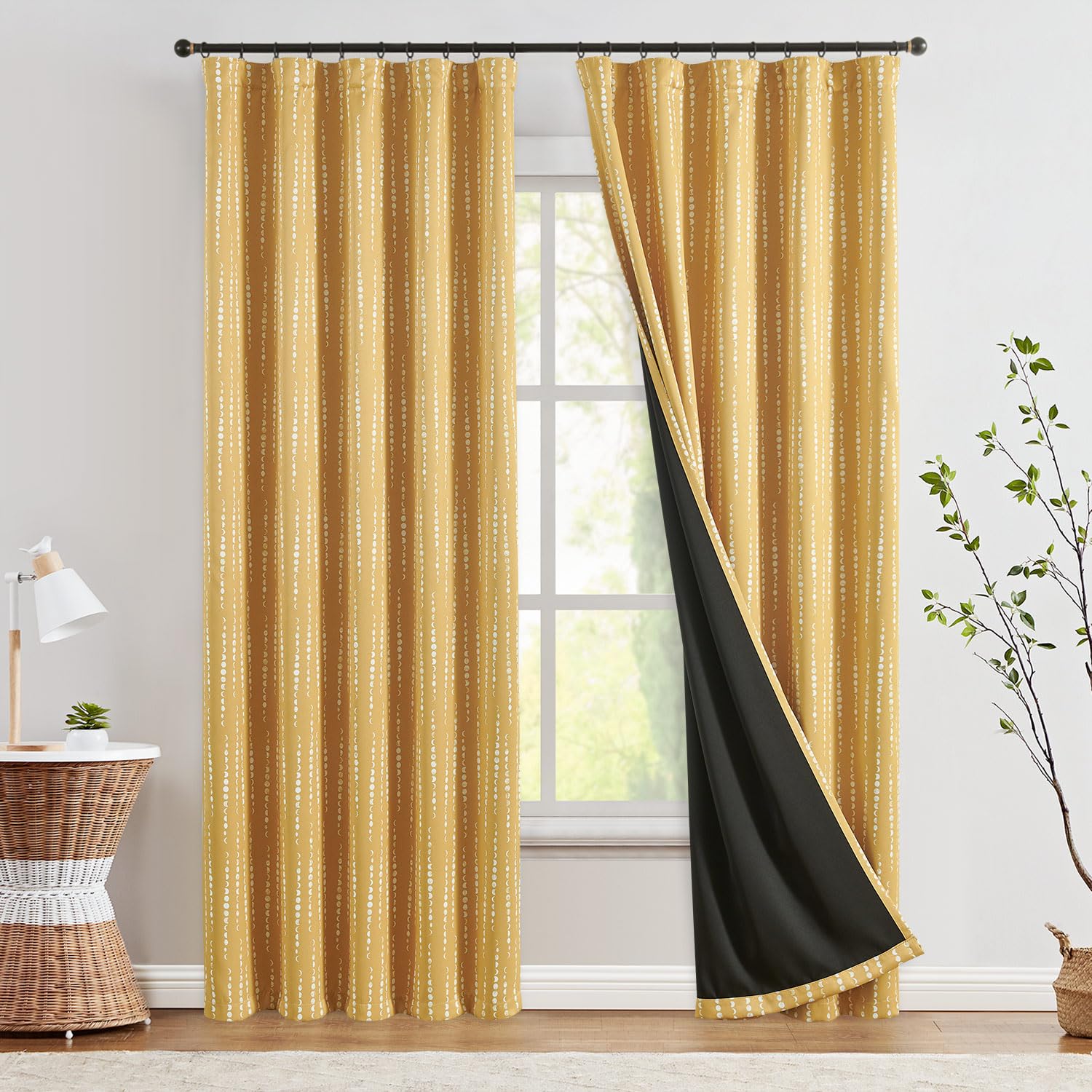 Jinchan 100% Blackout Boho Curtains Moon Phases Printed Bedroom Curtains 90 Inches Long Mustard Drapes Rod Pocket Thermal Insulated Curtains For Nursery Yellow Window Drapes Curtain Set 2 Panels