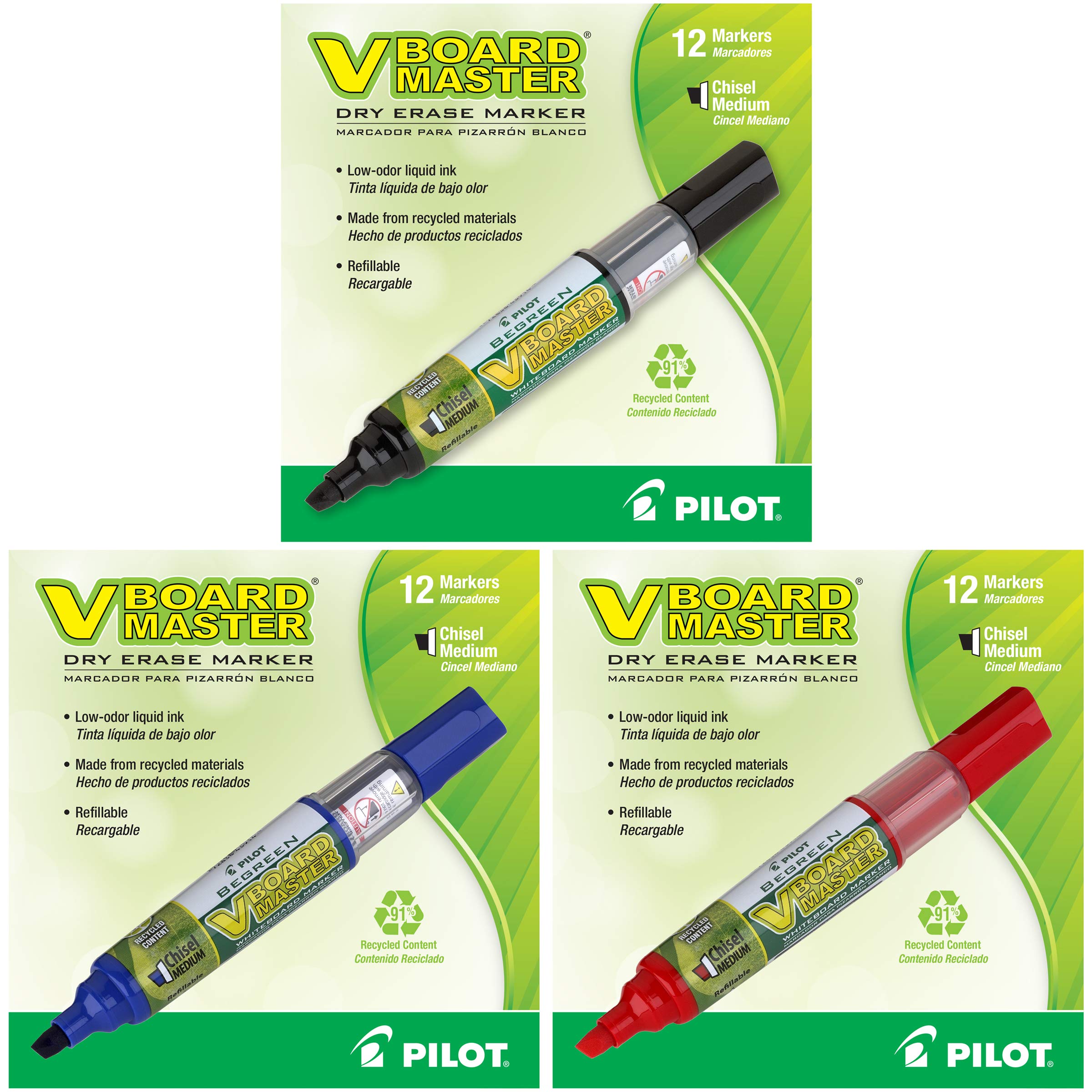 Pilot V Board Master Refillable Dry Erase Markers, Assorted Colors Bundle, 36 Count