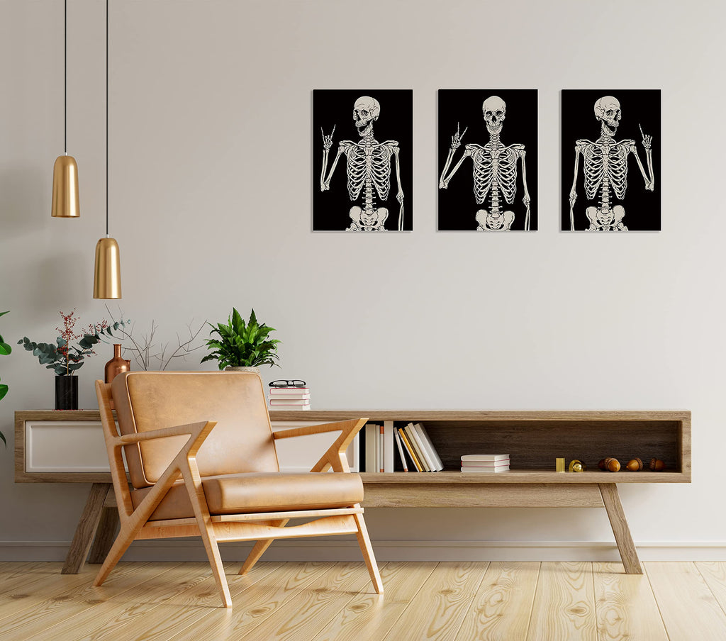 Gothic Skull Skeleton Rock And Roll Victory Hippie Posing Wall Art Canvas Farmhouse Gothic Theme 11X14 Inch Prints(Set Of 3) Dec