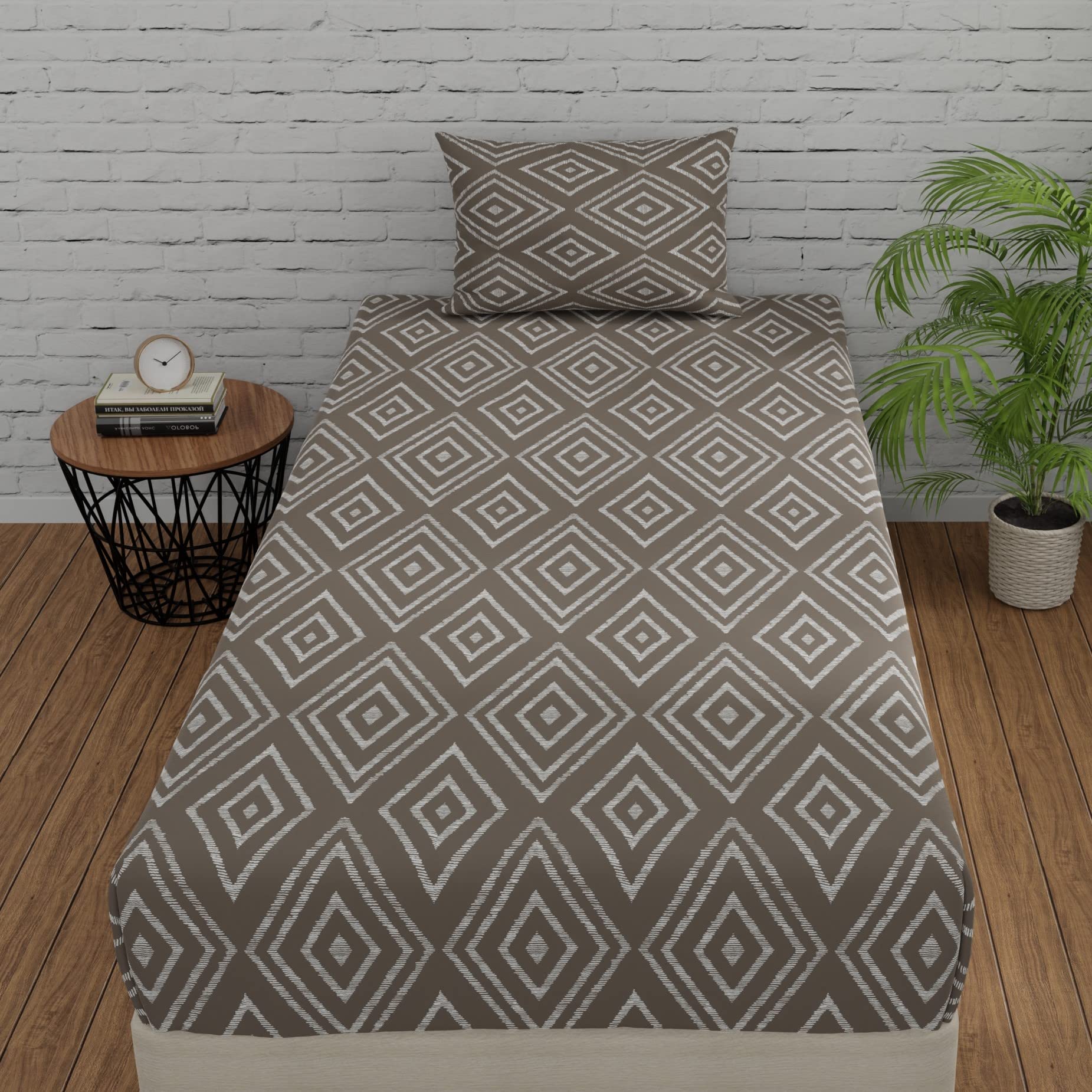 Huesland By Ahmedabad Cotton 144 Tc Fitted Bedsheet Single Bed Cotton With 1 Pillow Cover | 3Ft X 6.5Ft | Taupe