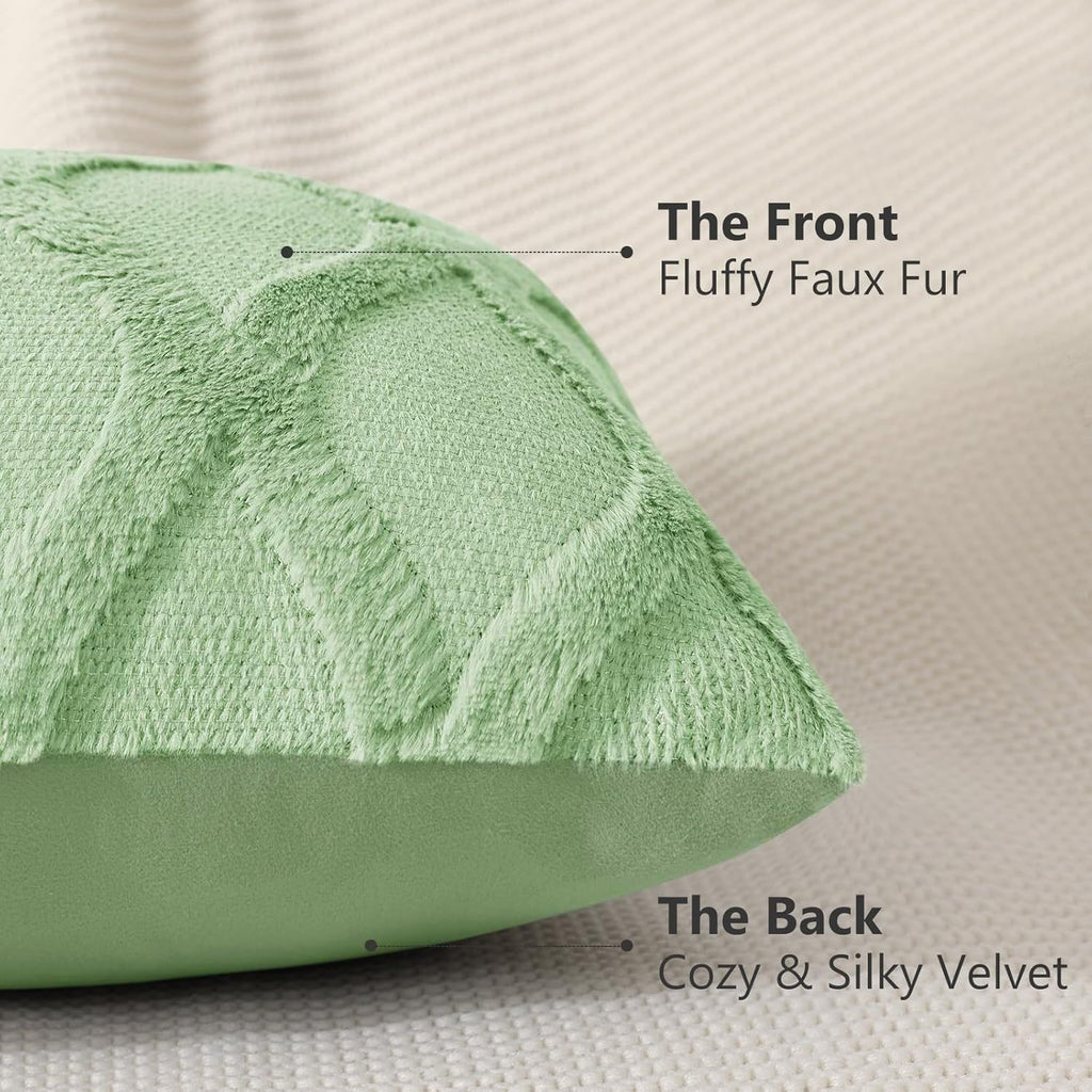 Decoruhome Spring Throw Pillow Covers 18X18 Inch Set Of 2, Soft Plush Faux Fur Wool Sage Green Couch Pillow Covers, Decorative Pillow Cases For Bed Sofa Living Room Home Decor