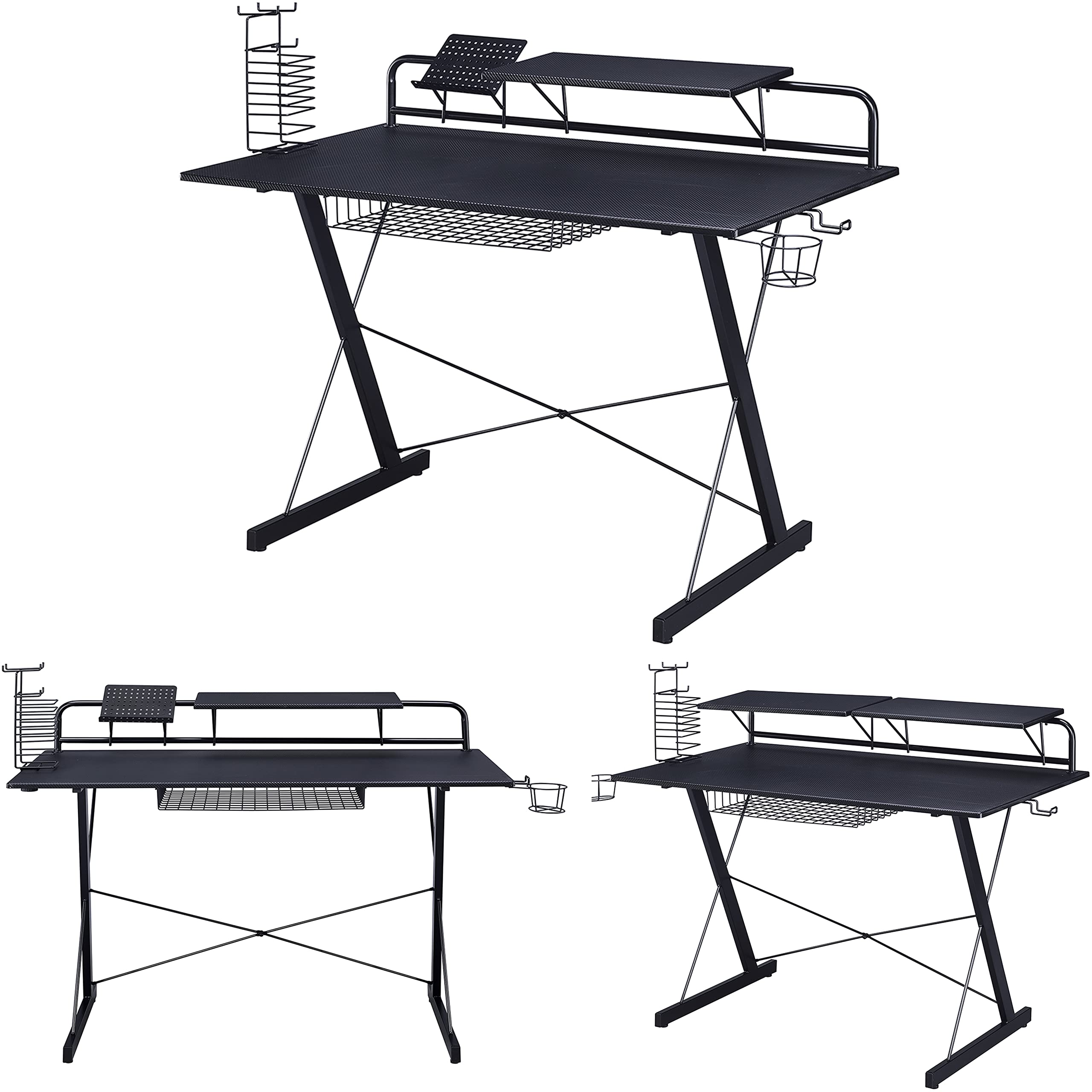 Techni Sport Gaming Desk - Two-Way Computer Desk With Elevated Monitor Stands, Cd Rack, Cup Holder, & Accessories Storage For A Complete Gaming Setup - Carbon Laminated With Durable Steel Frame