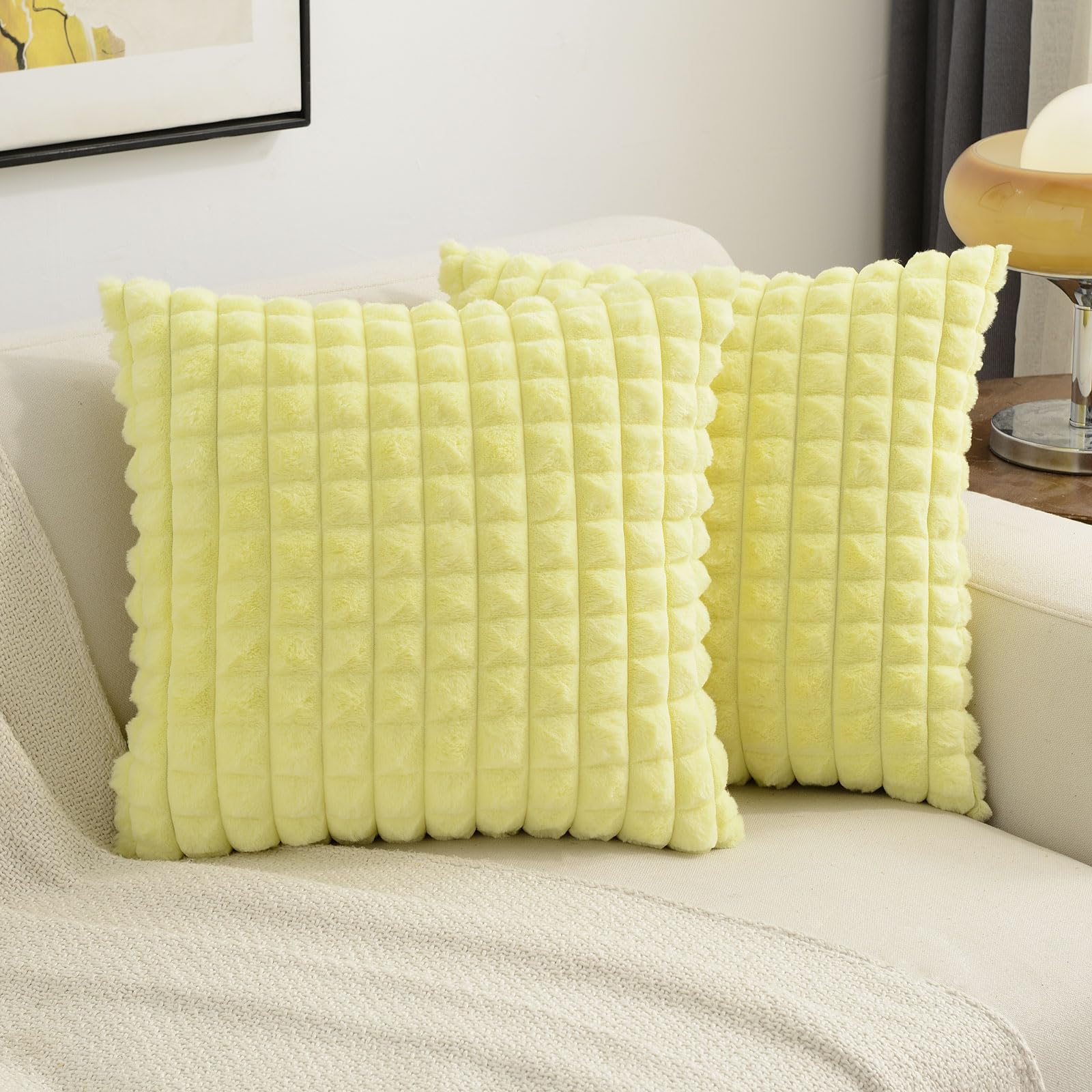 Futei Yellow Decorative Throw Pillow Covers 18X18 Inch Set Of 2,Square Cushion Case,Fluffy Faux Rabbit Fur Plaid & Soft Velvet B