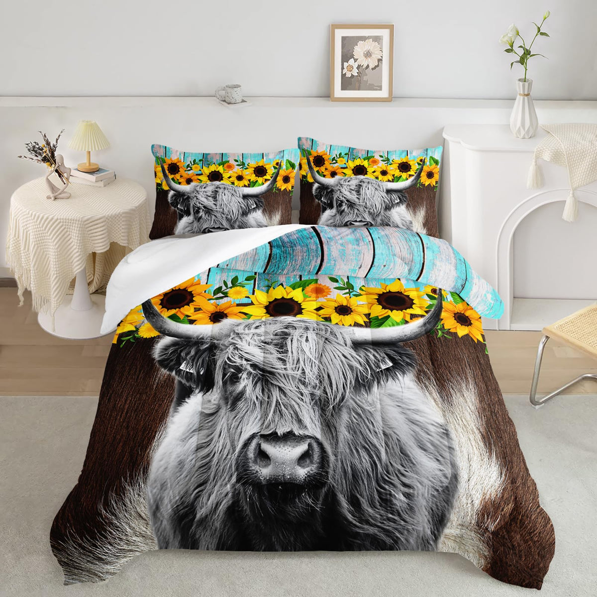 Highland Cattle Flower Comforter Set Queen Size Bull Cattle Bedding Set Western Funny Animal Bedding Set Wildlife Farmhouse Cow