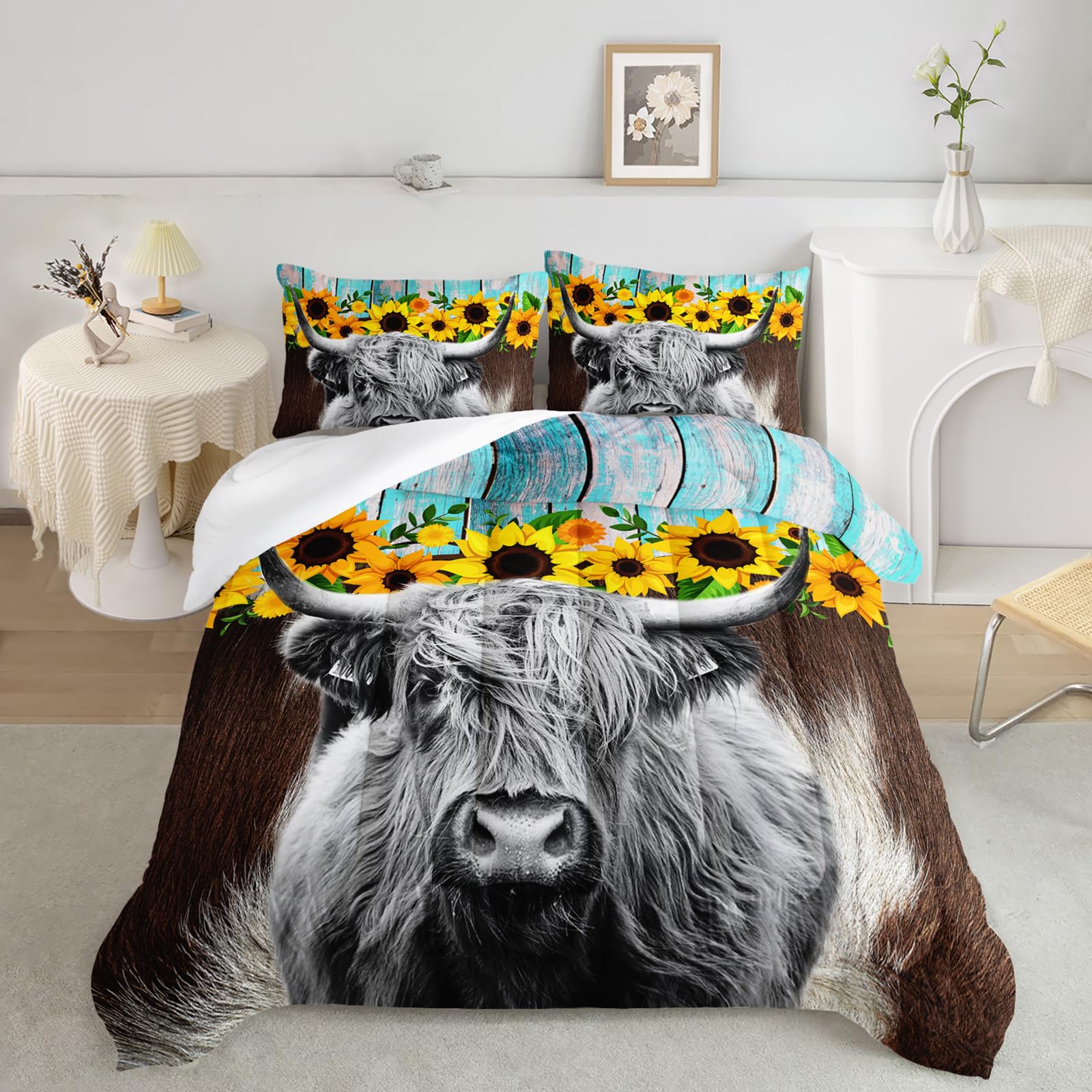 Highland Cattle Flower Comforter Set Queen Size Bull Cattle Bedding Set Western Funny Animal Bedding Set Wildlife Farmhouse Cow