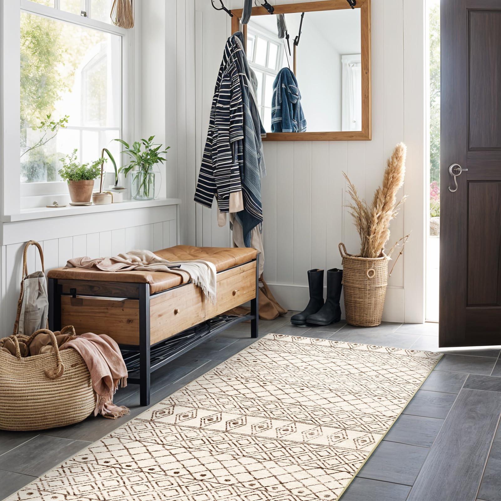 BYYVOO 2x6 Hallway Runner Rug Washable - Non Slip Moroccan Runners Low Pile Floor Carpet with Rubber Backing Farmhouse Kitchen