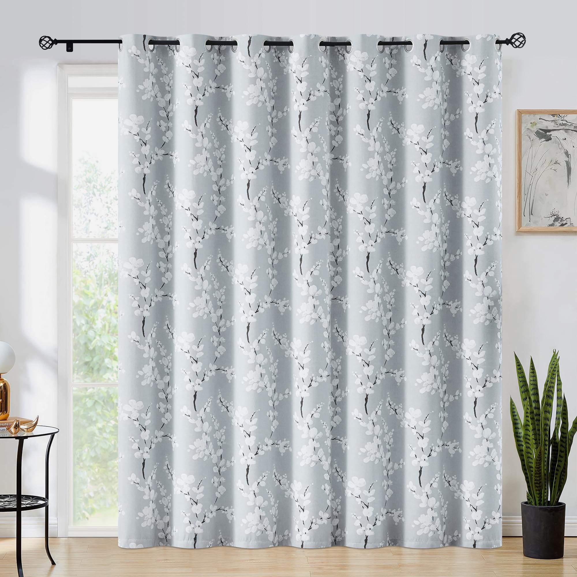 FMFUNCTEX 100% Blackout Sliding Door Curtains for Living Room, Grey Floral Print Extra 100 Wide Window Curtain Panels for Slidin