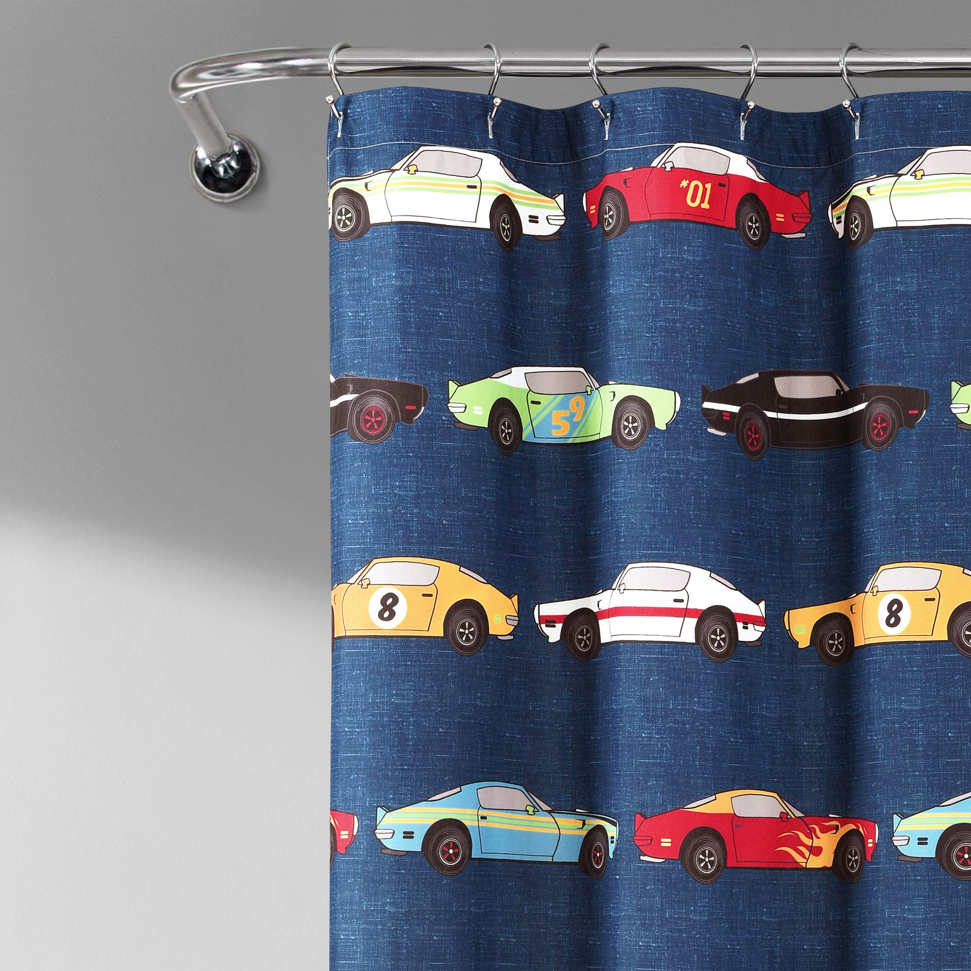 Lush Decor, Navy Cars Shower Curtain-Fabric Racing Print Design For Kids, X 72
