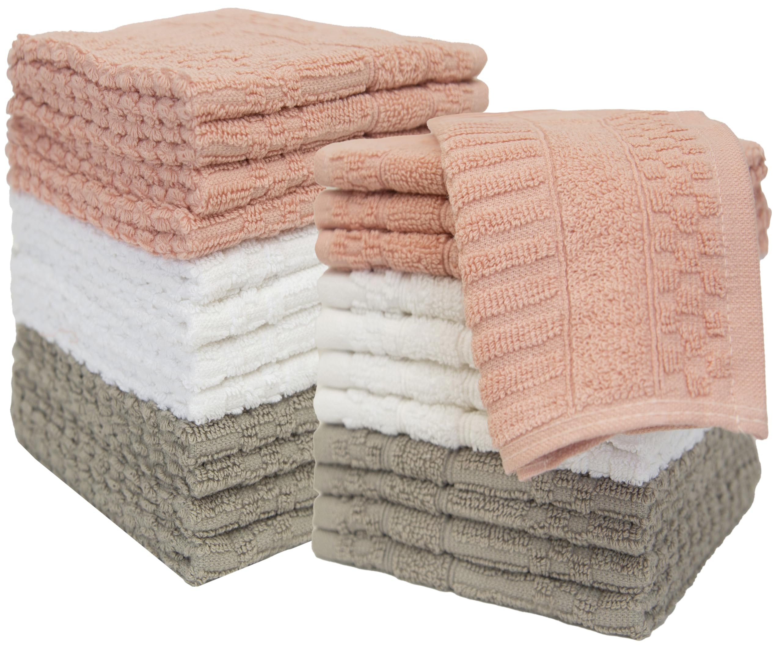 Ph Pleasant Home Diamond Wash Cloths Set - 12 Pack (12” X 12”) – 509 Gsm - 100% Ring Spun Cotton Wash Cloth - Super Soft And Highly Absorbent Face Towels (Blush, White & Tan)