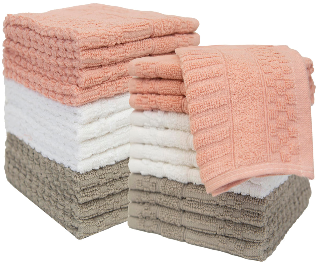 Ph Pleasant Home Diamond Wash Cloths Set - 12 Pack (12” X 12”) – 509 Gsm - 100% Ring Spun Cotton Wash Cloth - Super Soft And Highly Absorbent Face Towels (Blush, White & Tan)