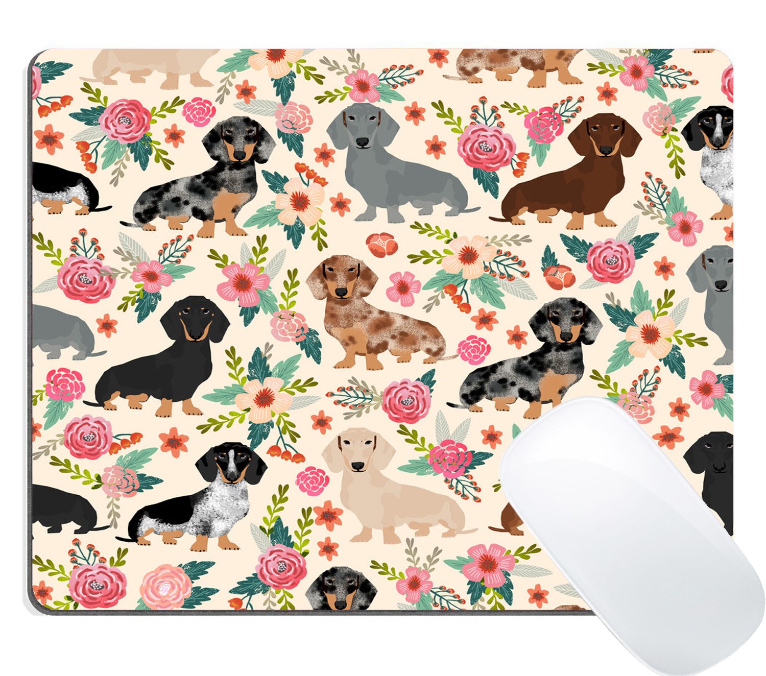 Wknoon Dachshund Sausage Dogs Puppies Pink Flowers Print Art Gaming Mouse Pad Custom, Cute Colored Floral Daschund Seamless Dog