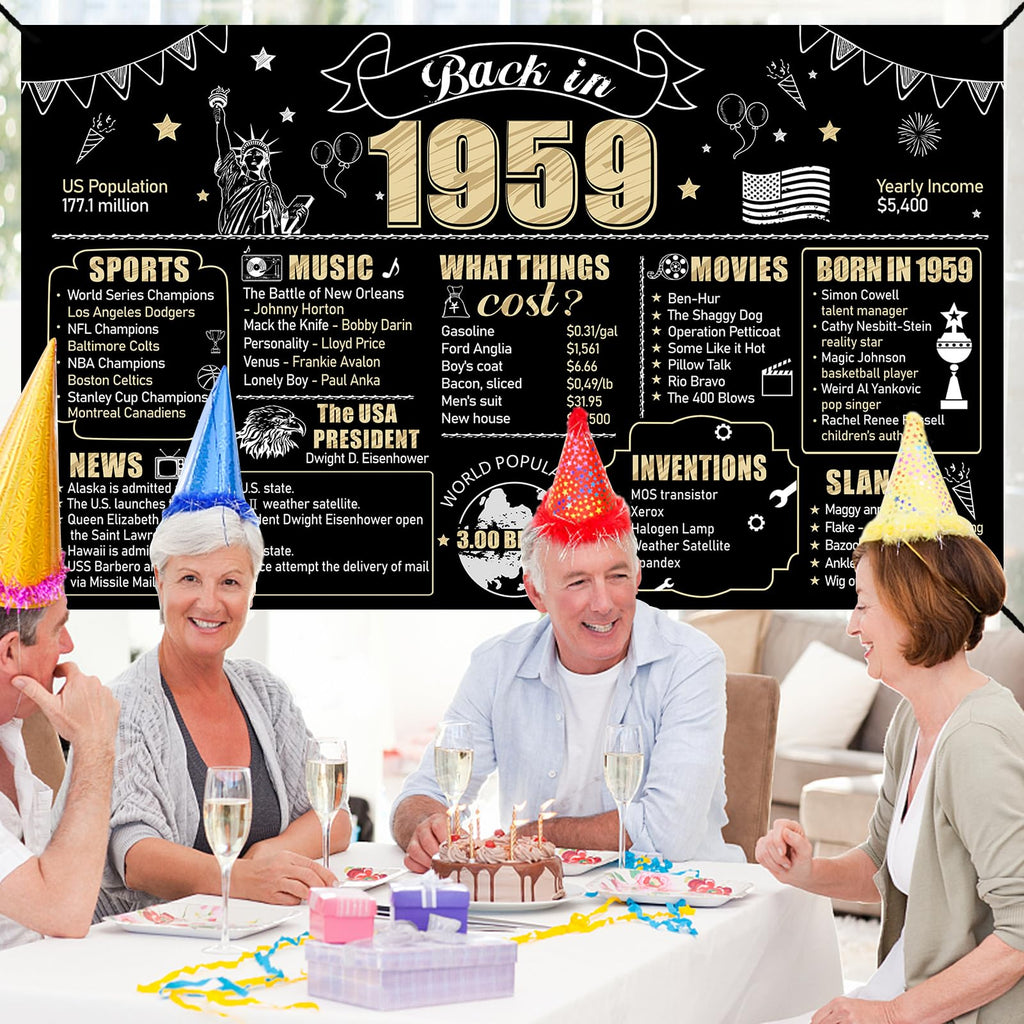 Eiurteao 65Th Birthday Decorations Back In 1959 Banner Backdrop For Women Men, Black Gold Happy 65 Birthday Sign Poster Party Su