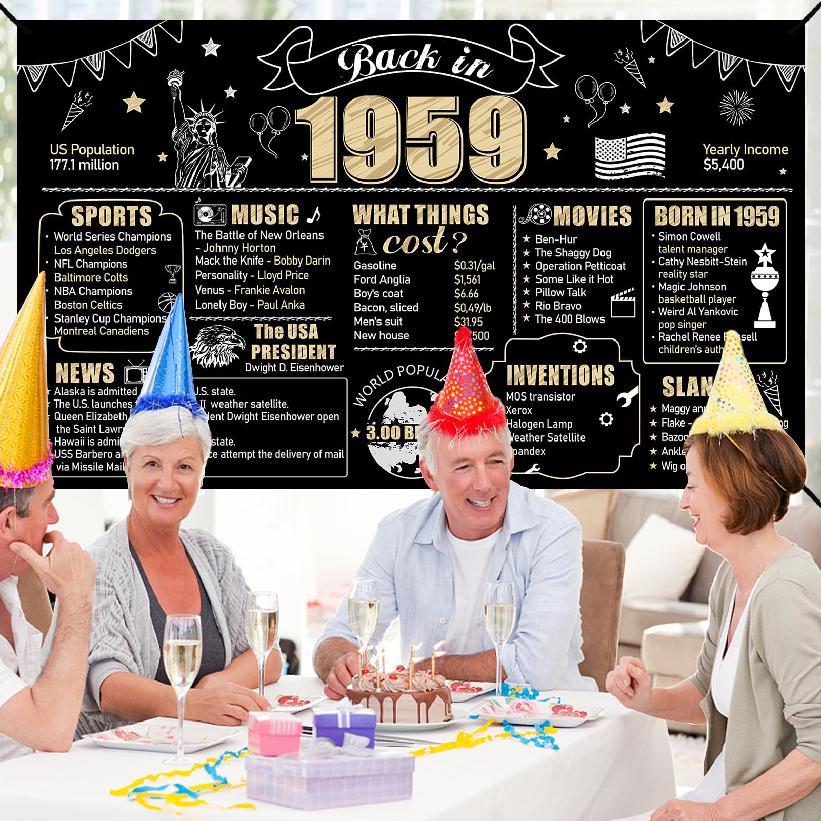 Eiurteao 65Th Birthday Decorations Back In 1959 Banner Backdrop For Women Men, Black Gold Happy 65 Birthday Sign Poster Party Su