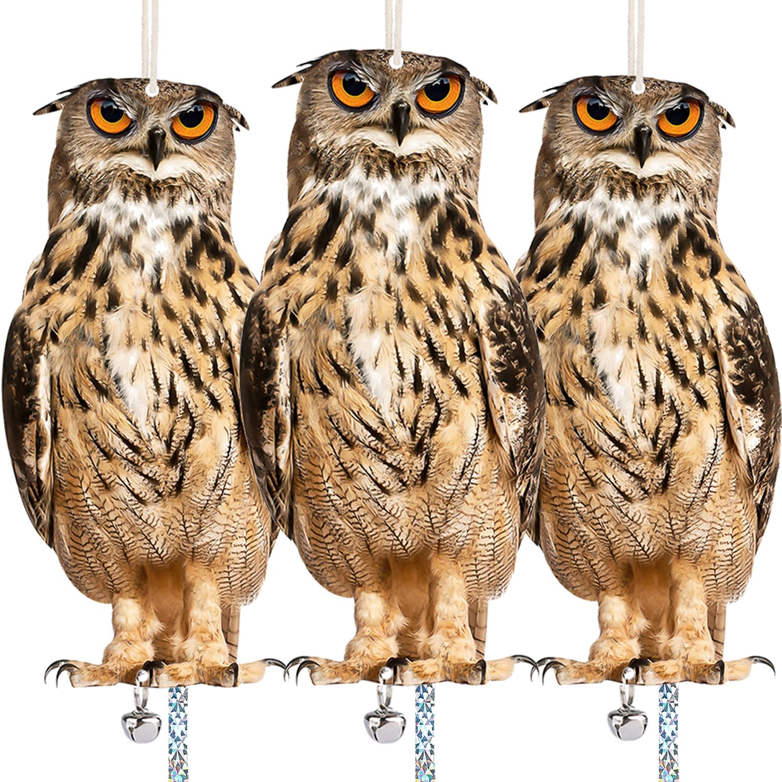 Owl To Keep Birds Away, 3 Pack Bird Scare Owl Fake Owl, Reflective Hanging Bird Decoration, Dual-Side Printed Owl To Keep Birds