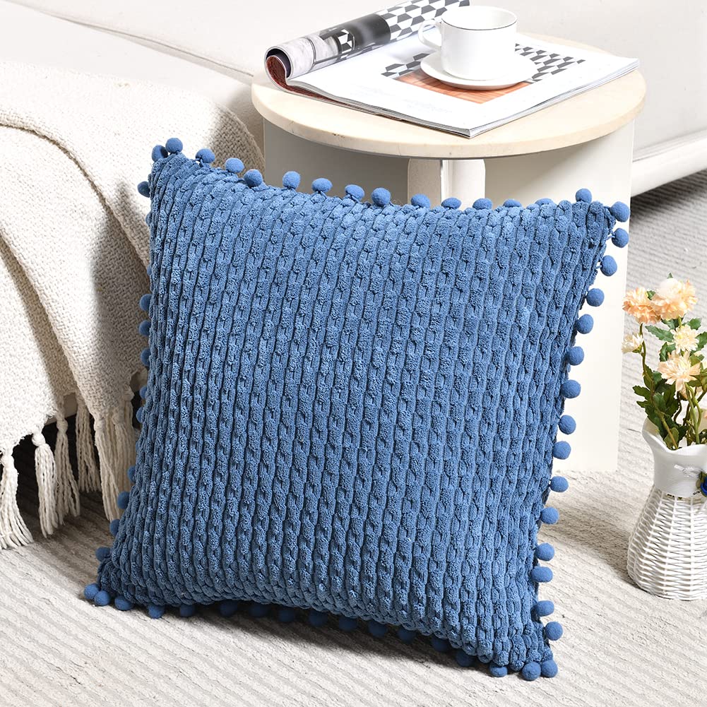 Fancy Homi Set Of 2 Dusty Blue Decorative Throw Pillow Covers 24X24 Inch With Pom-Poms For Couch Bed Sofa, Modern Farmhouse Boho