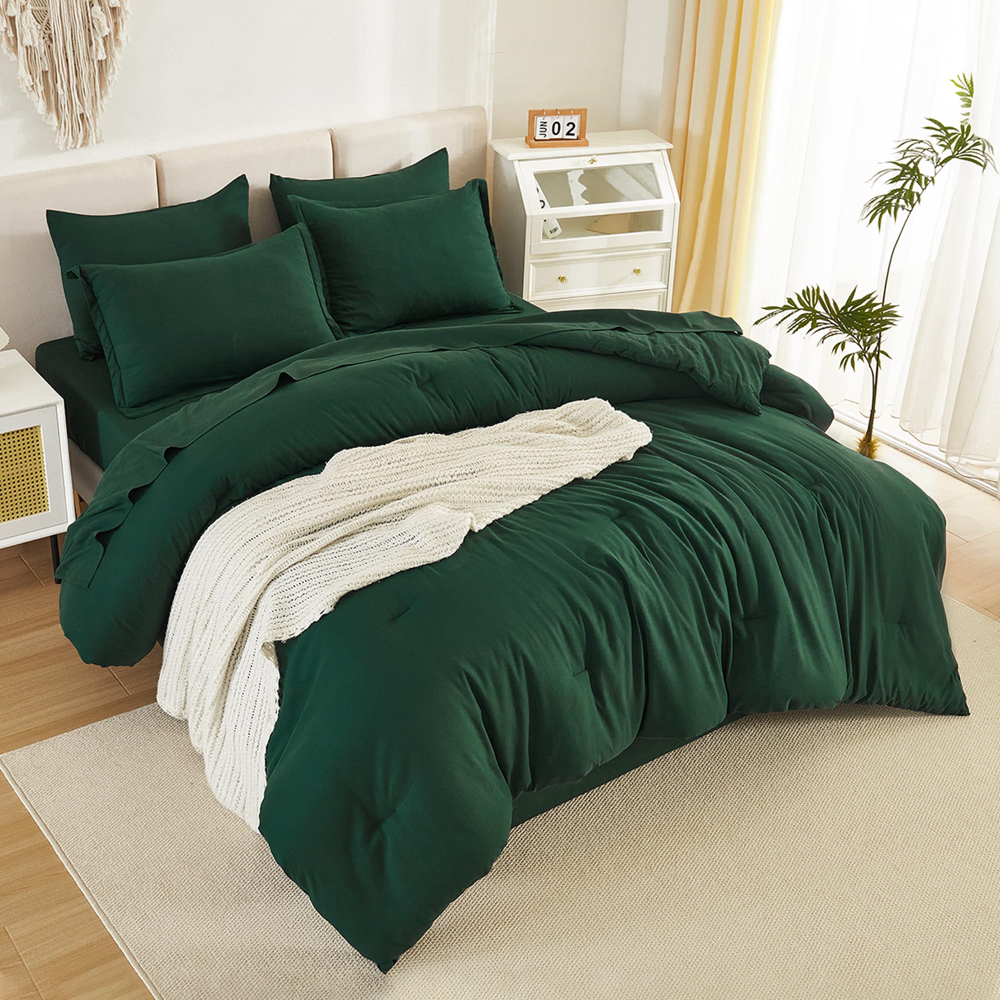 Litanika California King Comforter Set Dark Emerald Green - 7 Pieces Bed In A Bag Cal King Beddding Comforter Sets, Plain Lightw