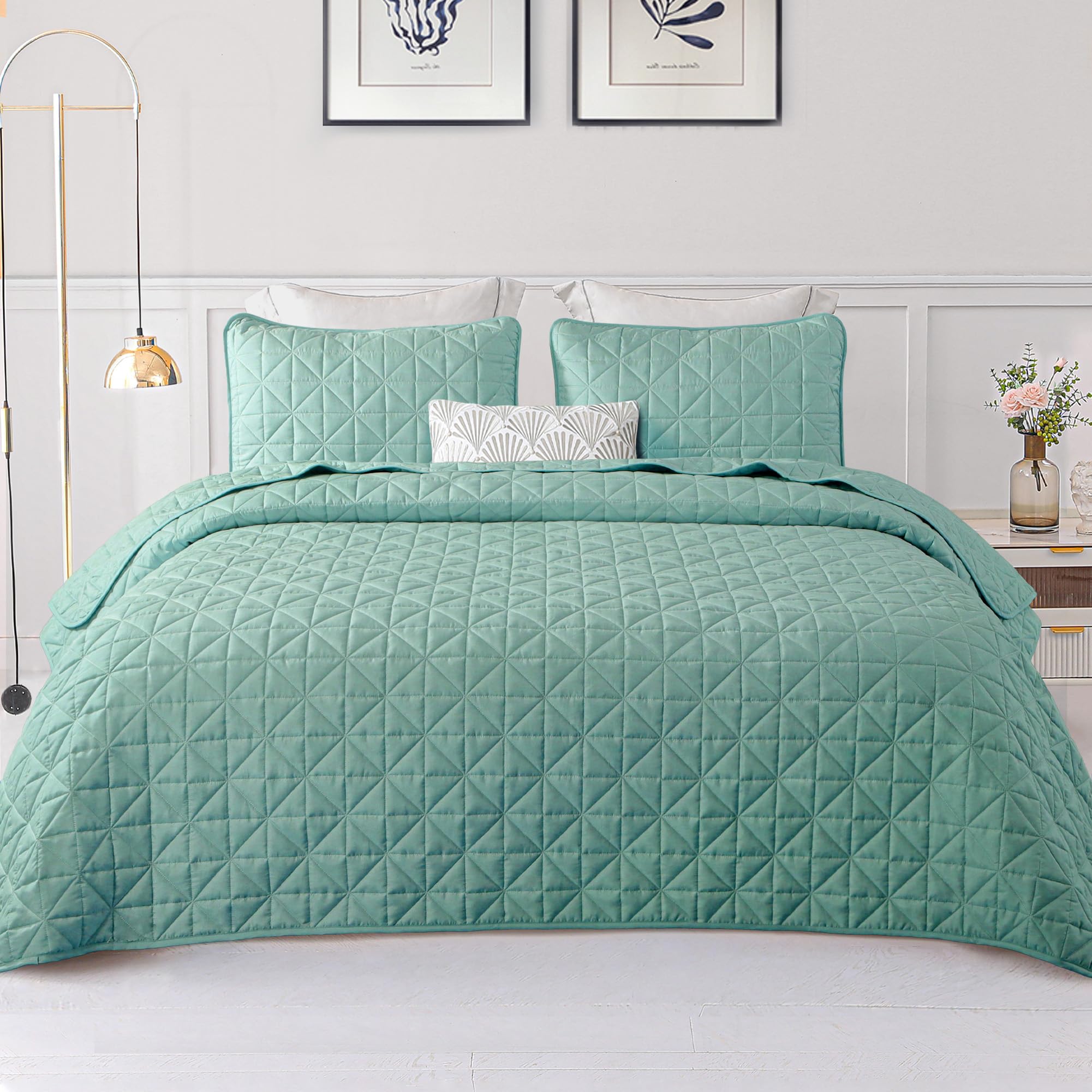 Exclusivo Mezcla Quilts King Size Bedding Set with Stitched Grid Pattern, Lightweight Summer Green Bedspreads Coverlets Bed Cove