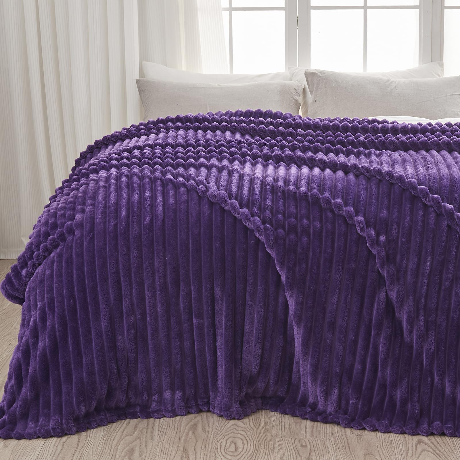 Newcosplay Super Soft King Blanket Purple Premium Silky Flannel Fleece 3D Ribbed Jacquard Lightweight Bed Blanket All Season Use