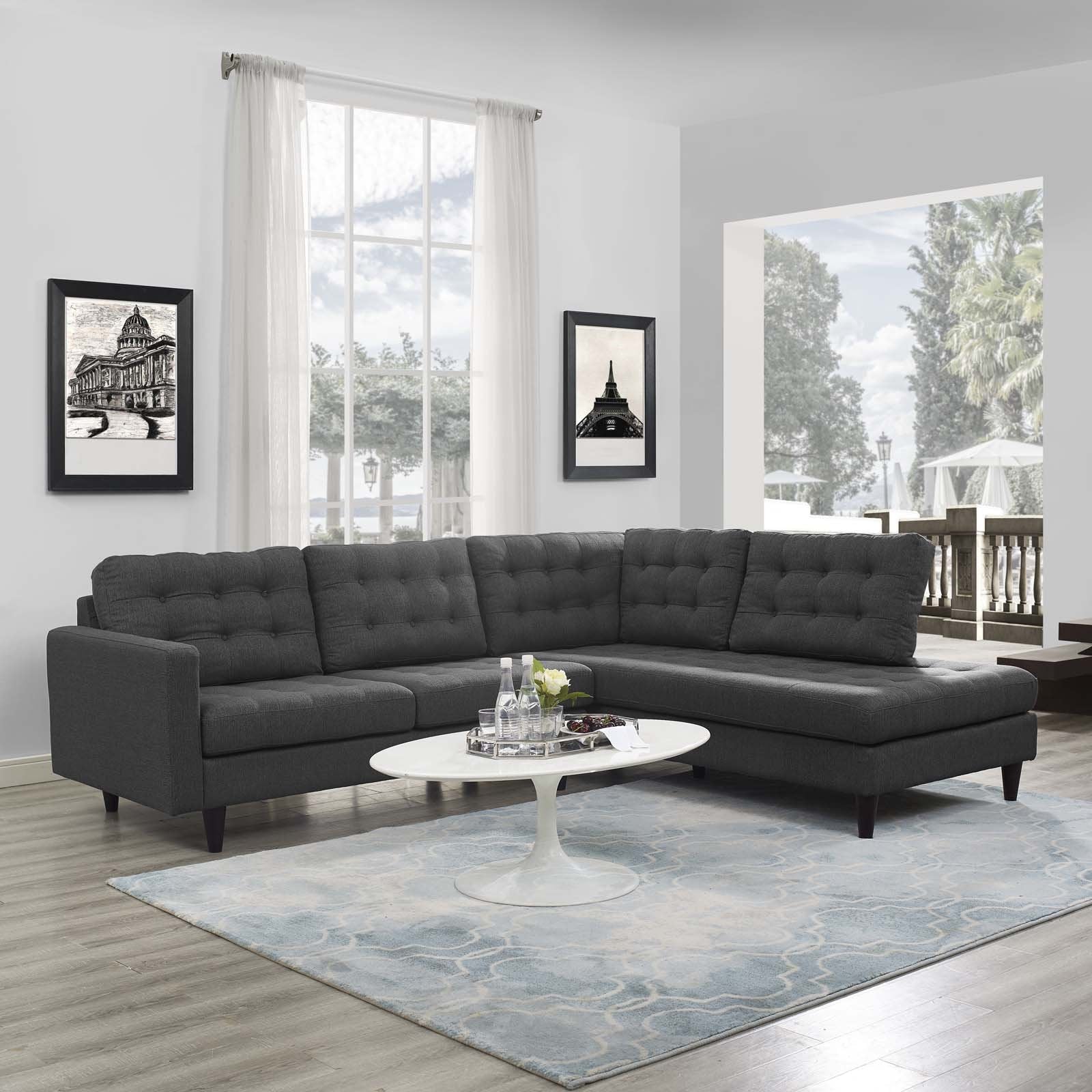Modway Empress Mid-Century Modern Upholstered Fabric, Right Facing Bumper Sectional, Gray