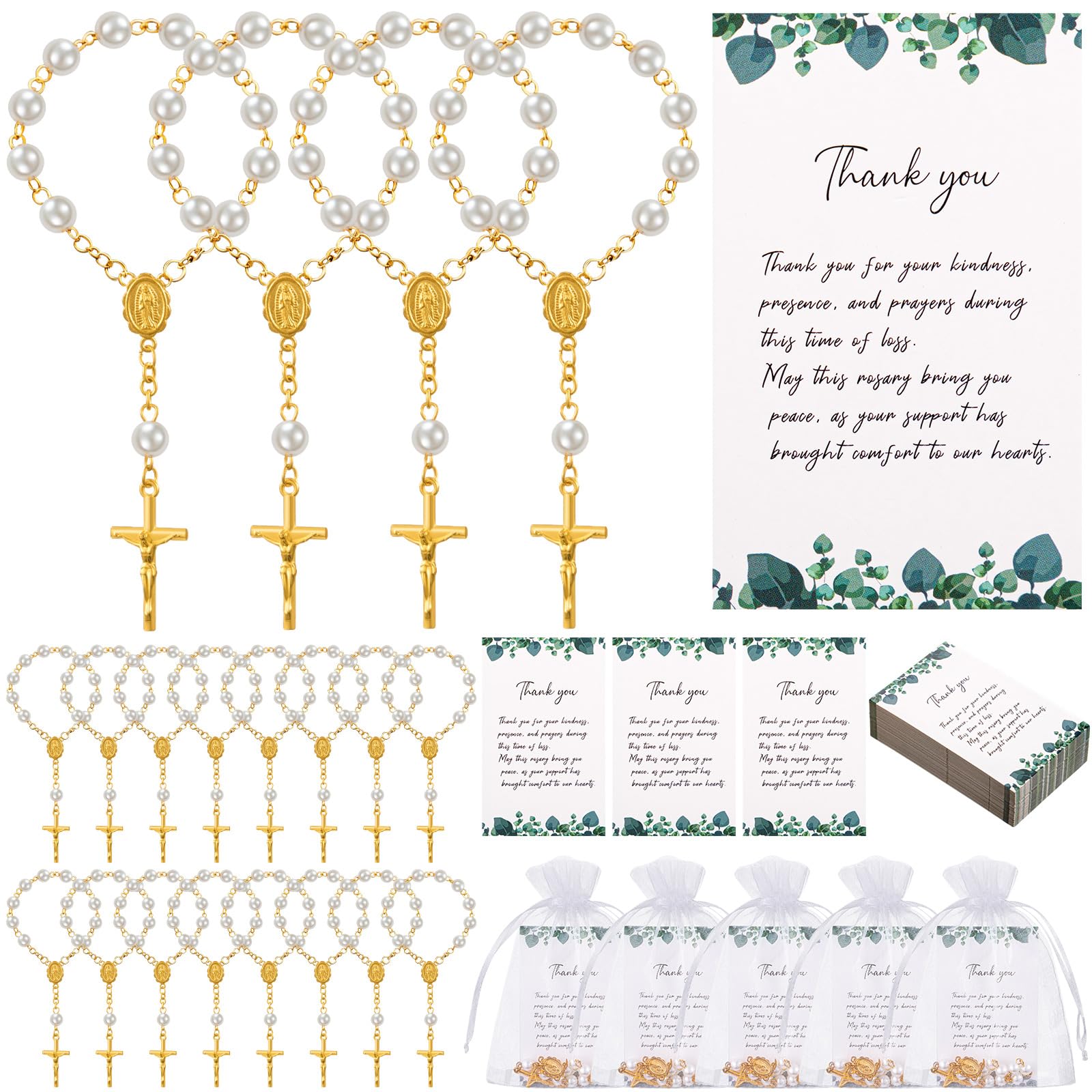 Quelay 50 Sets Funeral Favors for Guests, Celebration of Life Favors Mini Rosary Organza Bags Sympathy Thank You Cards for Memor