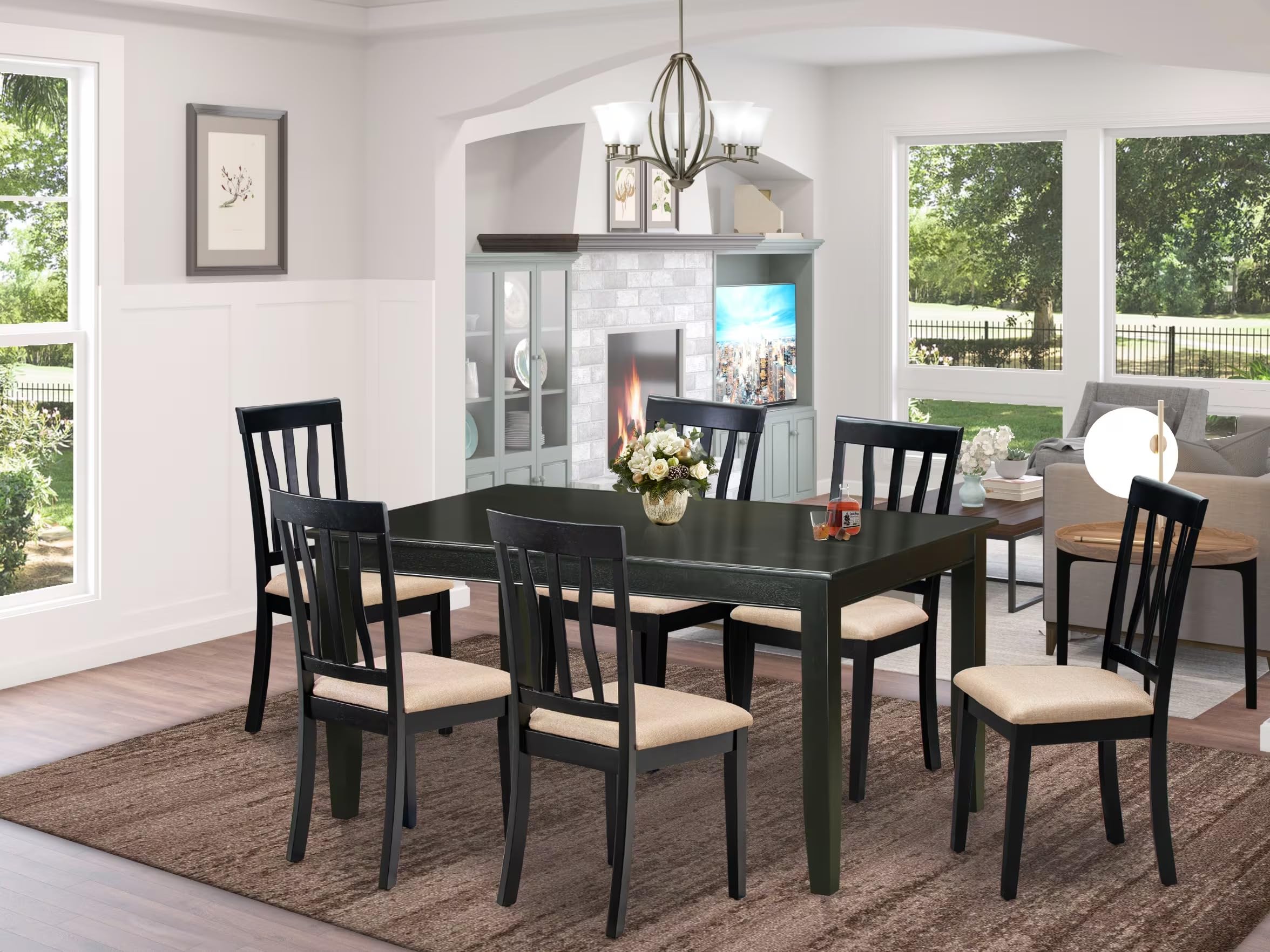 East West Furniture DUAN7-BLK-C 7 Piece Kitchen Table Set Consist of a Rectangle Dining Table and 6 Linen Fabric Upholstered Dining Chairs, 36x60 Inch, Black