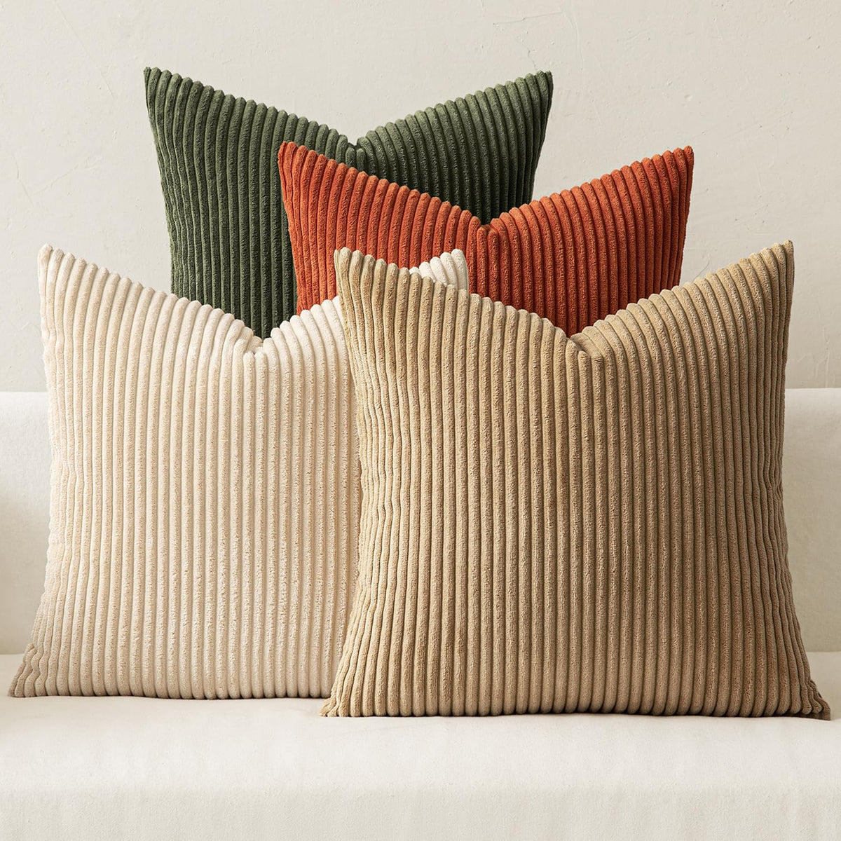 Miulee Pack Of 4 Rust-Olive Green Corduroy Decorative Throw Pillow Covers 18X18 Inch Soft Boho Striped Pillow Covers Modern Farm