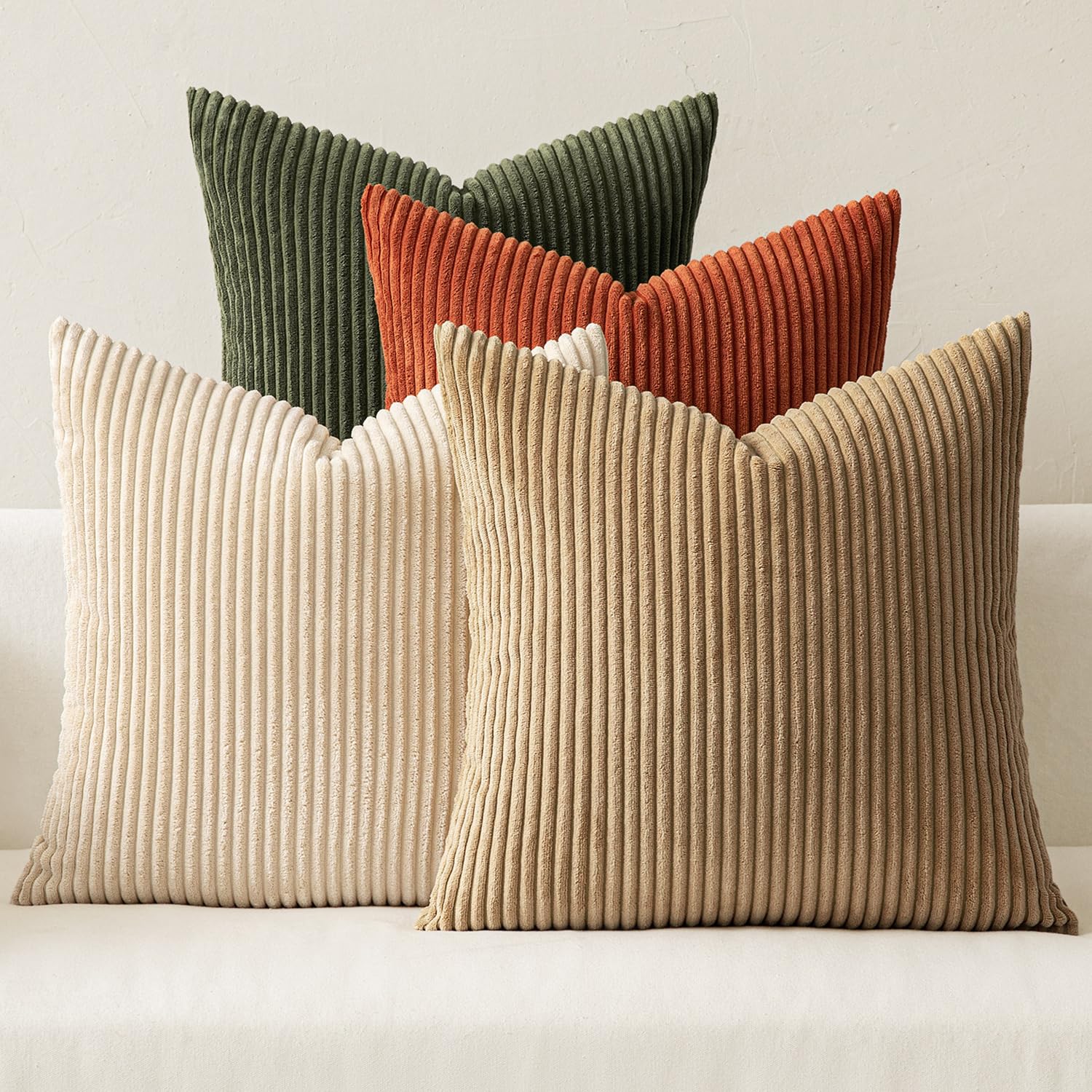 Miulee Pack Of 4 Rust-Olive Green Corduroy Decorative Throw Pillow Covers 18X18 Inch Soft Boho Striped Pillow Covers Modern Farm